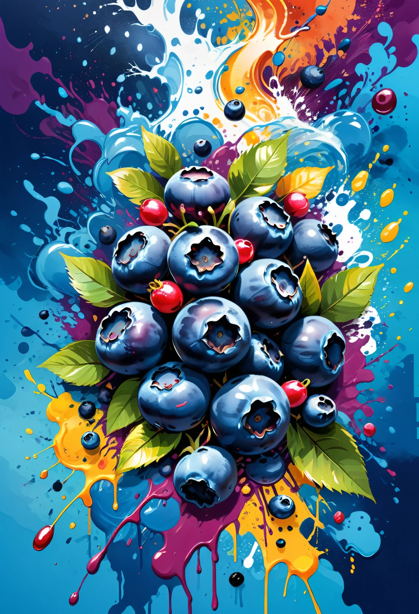 Vector Art, With lots of blueberry colorful illustrations, In the center, Vibrant colors, Paint splatters and stains, High Detail,Hawaiian style background
(masterpiece, best quality, professional, perfect composition, very aesthetic, absurd, Super detailed, Intricate details:1.3)