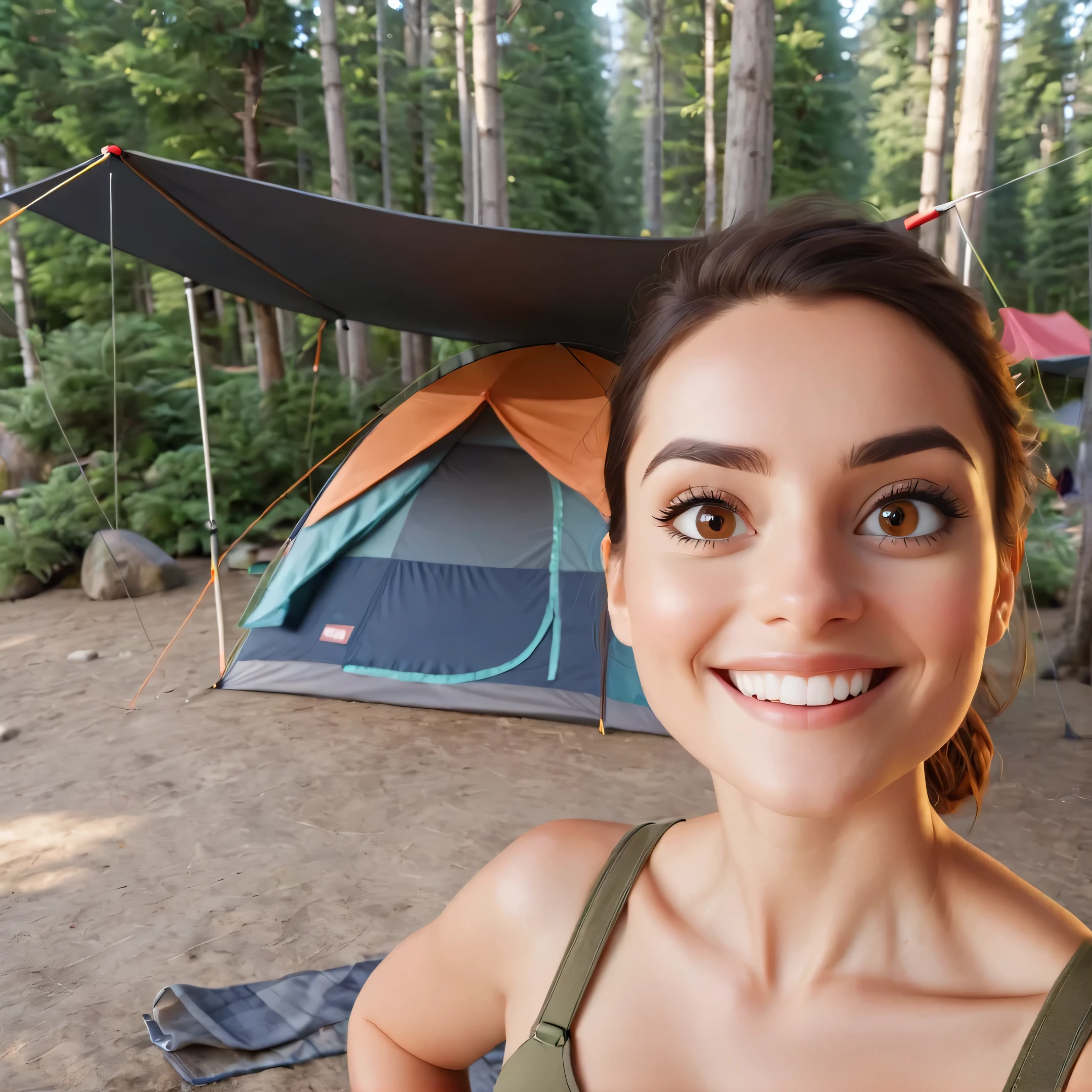 A pixar style stunning brunette woman with dark brown eyes smiling in front of a camping tent. selfie shot, high resolution, sharp focus