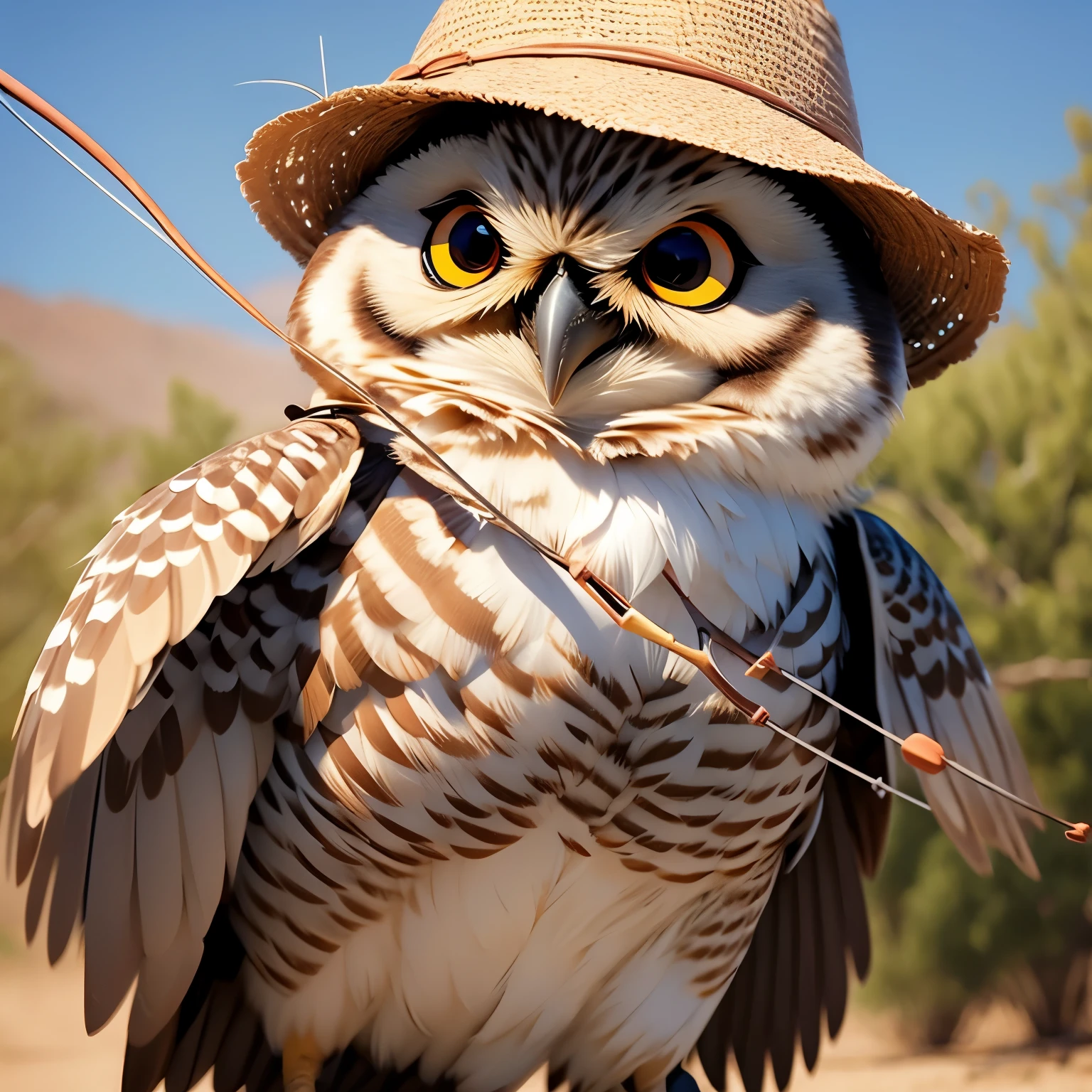 Create an image of a burrowing owl archer shooting a bow