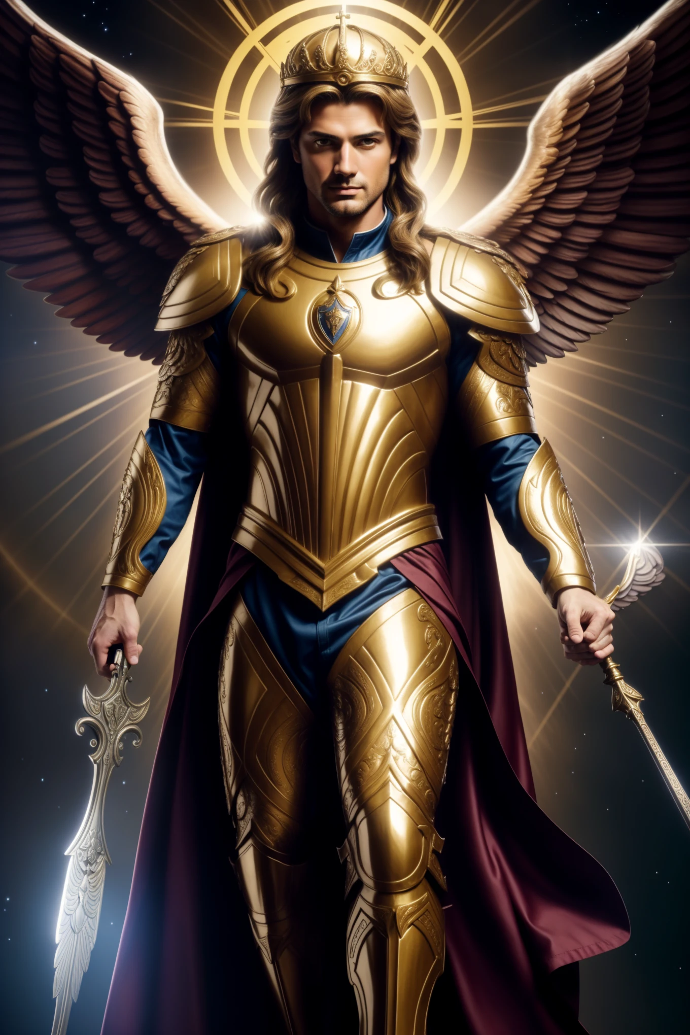 A celestial portrait of the handsome middle-aged male character, Archangel Michael, showcases intricate and realistic details. The artist painstakingly captures the archangel's angelic armor, enlarged rose-feathered wings, and chiseled features. With a radiant illumination gracing both Michael and the background, the overall image is reminiscent of Catholic illustrative depictions of the Bible.
The full body of the archangel is depicted, with maximum detail given to both the wings and Michael's perfect, realistic skin. The high-quality image showcases a strong and vibrant color palette, with the archangel standing out prominently. Michael carries a spe