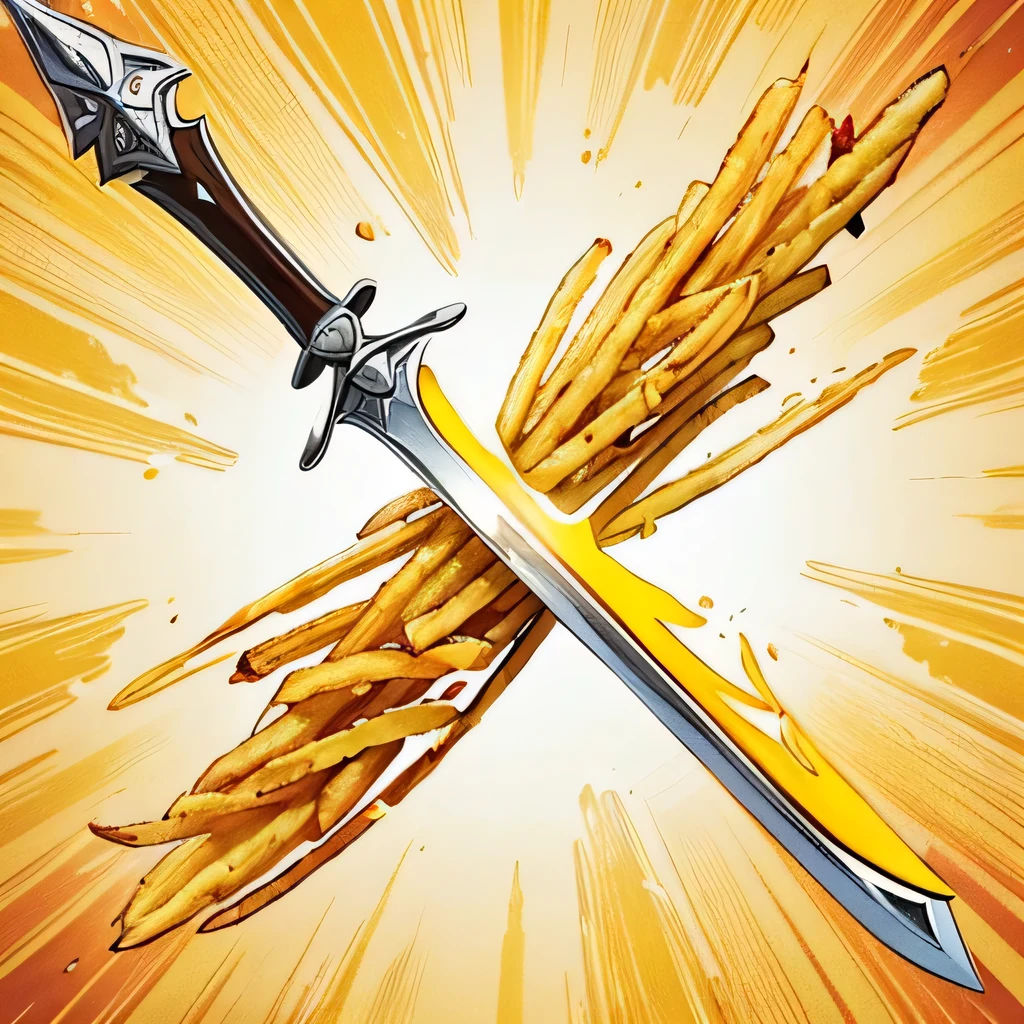 (a french fry look like a sword), sword plural, abstract, distorted reality, Illusion, yellow-brown tone, illustration