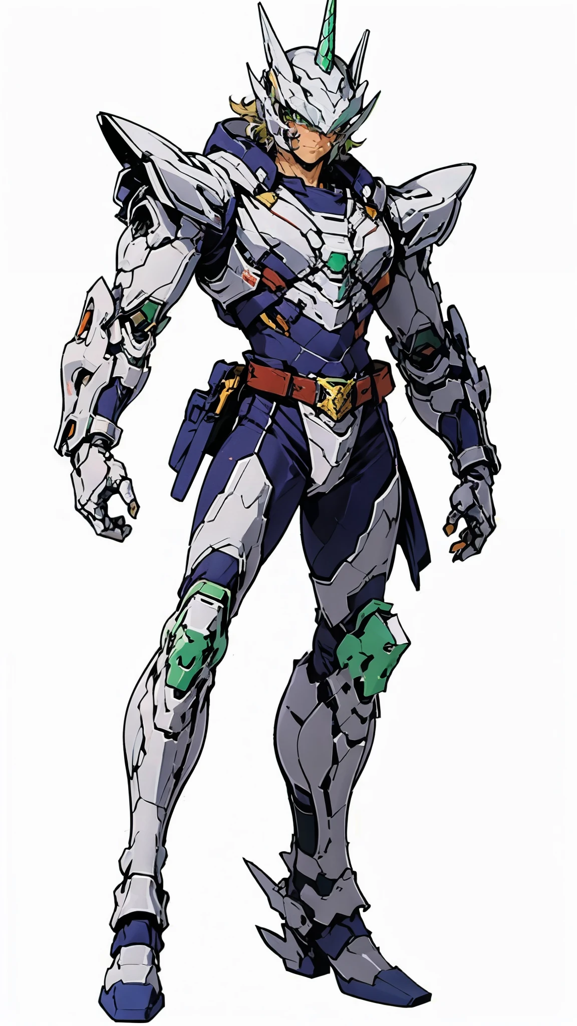 A man wearing a full-face helmet, a fantasy-style biotech armored combat suit, green eyes, (a composite layered chest armor), fully enclosed shoulder guards, matching arm and leg guards, the belt is adorned with Horseshoe-shaped marker, (the color scheme is primarily white with green accents), the design balances heavy with agility, a high-tech bio-mecha armor, (Armor Concept Inspired by Unicorn, stand on the top of a skyscraper in a futuristic sci-fi city), this character embodies a finely crafted fantasy-surreal style armored hero in anime style, exquisite and mature manga art style, (battle damage, element, plasma, energy, the armor glows), ((male:1.5)), metallic, real texture material, dramatic, high definition, best quality, highres, ultra-detailed, ultra-fine painting, extremely delicate, professional, perfect body proportions, golden ratio, anatomically correct, symmetrical face, extremely detailed eyes and face, high quality eyes, creativity, RAW photo, UHD, 32k, Natural light, cinematic lighting, masterpiece-anatomy-perfect, masterpiece:1.5