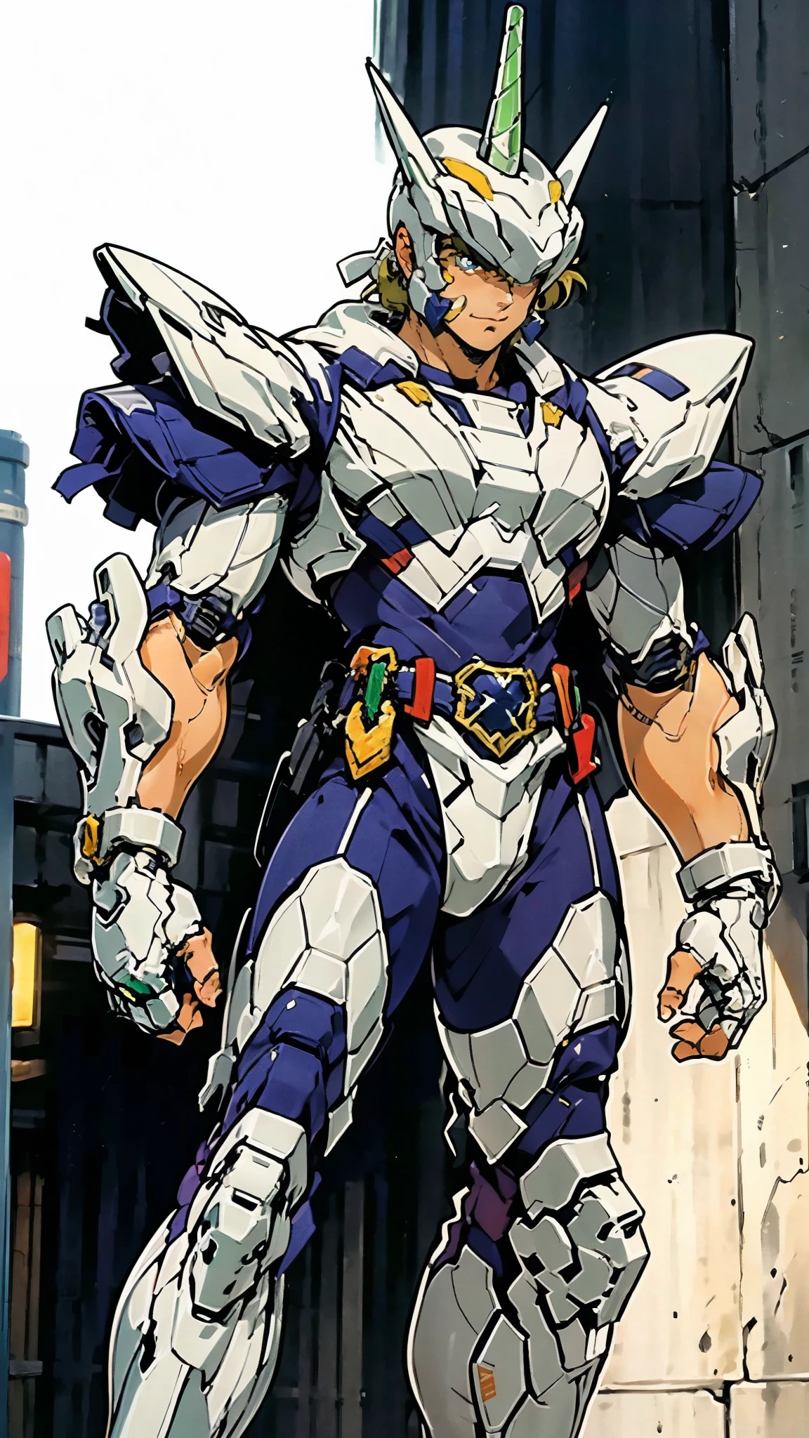 A man wearing a full-face helmet, a fantasy-style biotech armored combat suit, green eyes, (a composite layered chest armor), fully enclosed shoulder guards, matching arm and leg guards, the belt is adorned with Horseshoe-shaped marker, (the color scheme is primarily white with green accents), the design balances heavy with agility, a high-tech bio-mecha armor, (Armor Concept Inspired by Unicorn, stand on the top of a skyscraper in a futuristic sci-fi city), this character embodies a finely crafted fantasy-surreal style armored hero in anime style, exquisite and mature manga art style, (battle damage, element, plasma, energy, the armor glows), ((male:1.5)), metallic, real texture material, dramatic, high definition, best quality, highres, ultra-detailed, ultra-fine painting, extremely delicate, professional, perfect body proportions, golden ratio, anatomically correct, symmetrical face, extremely detailed eyes and face, high quality eyes, creativity, RAW photo, UHD, 32k, Natural light, cinematic lighting, masterpiece-anatomy-perfect, masterpiece:1.5