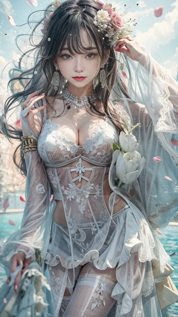 (RAW shooting, Majestic:1.3, 32k:1.5, highest quality, masterpiece, Ultra-high resolution), Perfect dynamic composition:1.3, (heavy snow, On the Cliff:0.7, Majestic背景:0.7, Expressions of sadness:0.9), Highly detailed skin and facial textures:1.3, Wet slim woman:1.0, Random Shot, Fair skin:1.2, Mystical Expressions:1.0, Incredibly slim body:1.2, beautiful:1.1, とてもbeautiful顔:1.1, Water droplets on the skin, (Rain drips down on my body:1.0, Wet body:1.0, Wet Hair:1.0), (Standing Pro:1.1, With a wet bouquet:1.2, A-Line Skirt:1.2, Spring formal innerwear:1.2), Shapely breasts, (beautifulエロティシズムを醸し出す大きな瞳:0.5, beautifulエロティシズムを醸し出す唇:0.5), So beautiful, Very sweet atmosphere, necklace, Earrings, bracelet