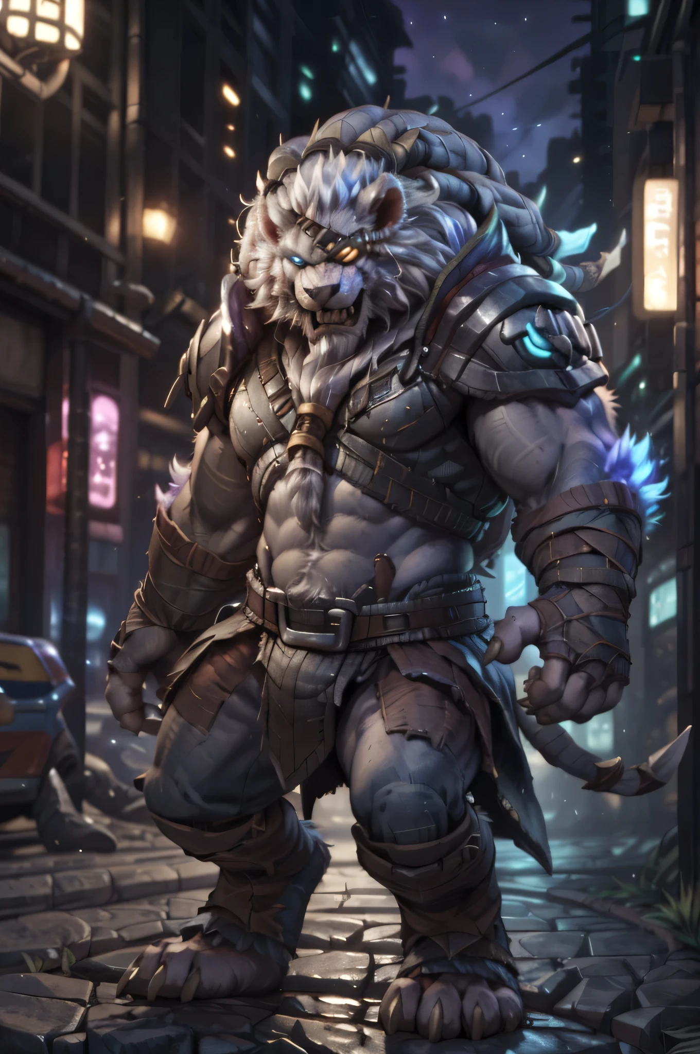 (by narse, by null-ghost, by darkgem, by personalami), rengar \(lol\), lion, blue eyes, claws, detailed background, eyepatch, hindpaw, male, clothed, topwear, bottomwear, cyberpunk, akihabara, tokyo, street, night, neons