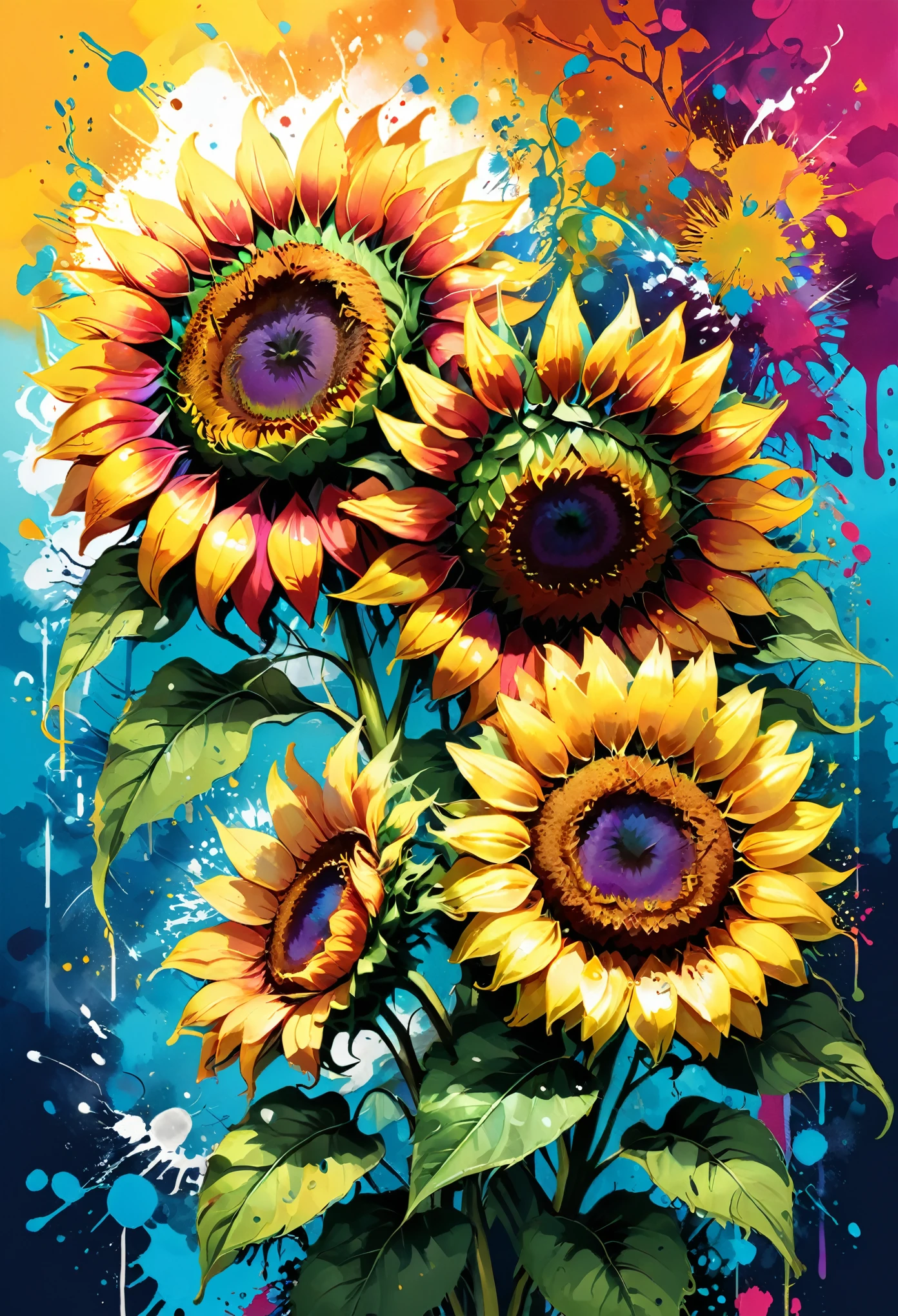 Vector Art, Colorful illustration with sunflowers, In the center, Vibrant colors, Paint splatters and stains, High Detail,Hawaii Background
(masterpiece, best quality, professional, perfect composition, very aesthetic, absurd, Super detailed, Intricate details:1.3)