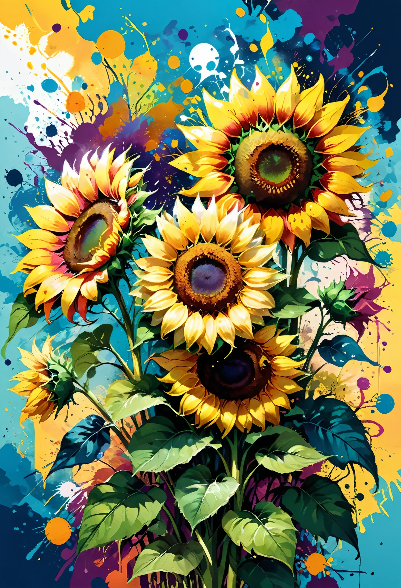 Vector Art, Colorful illustration with sunflowers, In the center, Vibrant colors, Paint splatters and stains, High Detail,Hawaii Background
(masterpiece, best quality, professional, perfect composition, very aesthetic, absurd, Super detailed, Intricate details:1.3)