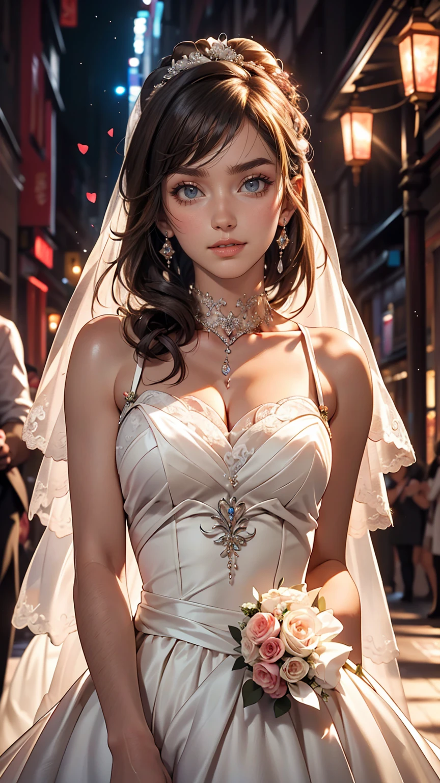 (highest quality, High resolution, masterpiece:1.2,), figure, night, One girl, whole body, (Wedding dress), Put your arms behind your back, Wait for a kiss, View Viewer, Happy, blush,