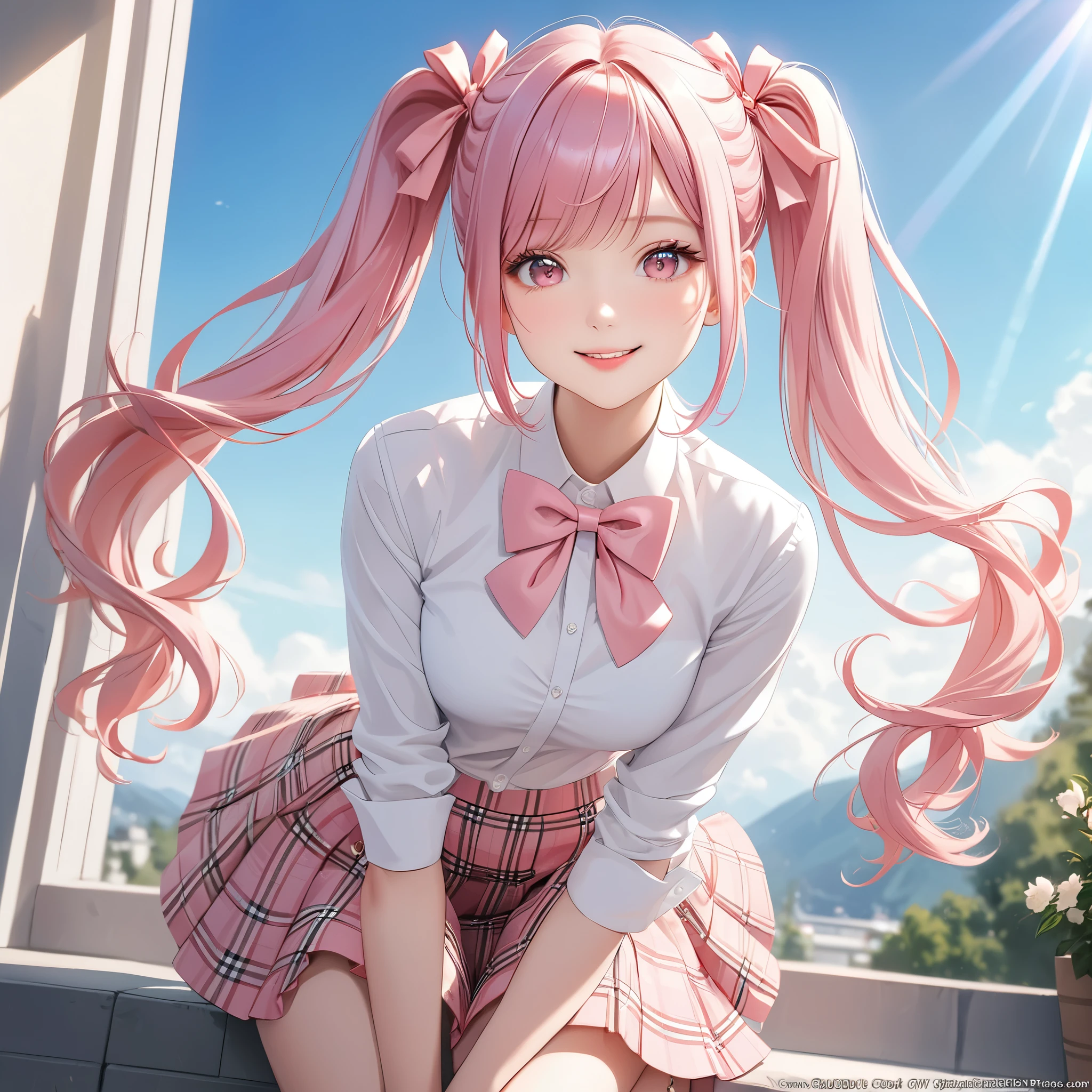 (8K, masutepiece, Highest Quality, Best Quality, Official art, Breathtaking beauty and aesthetics, A highly detailed, The best masterpiece in history that exceeds limits, Breathtaking and beautiful lighting:1.2), (1 Absolute Beautiful Girl, Solo), (), (beautiful detailed face), (shiny white skin), (beautiful detailed pink twin tails hair, Bangs:1.3), (beautiful detailed drooping pink eyes:1.3), (high school uniform), (white shirt, pastel pink Tartan Plaid pleated skirt, patsel pink ribbon:1.3), (Beautiful big bust:1.3), (thighs), (happy smile, Beautiful smile, Gentle smile, cute smile, innocent smile:1.2), (Attractive, amazing, Beautiful, Elegant, Luxurious, magnifica, Happy, Eye-catching, the ultimate beauty, Supreme Beauty, Superlative beauty, Elegant, Graceful, Everyone loves it, Beauty that fascinates everyone, Healed, The highest level of complete beauty, cute like an idol, Stylish like a fashion model, Goddess-like grace, Be loved, cute little, adolable), Look at the camera, cute pose, breathtaking scenery, (ultra detailed realistic Beautiful high school study, blue sky, morning:1.3),