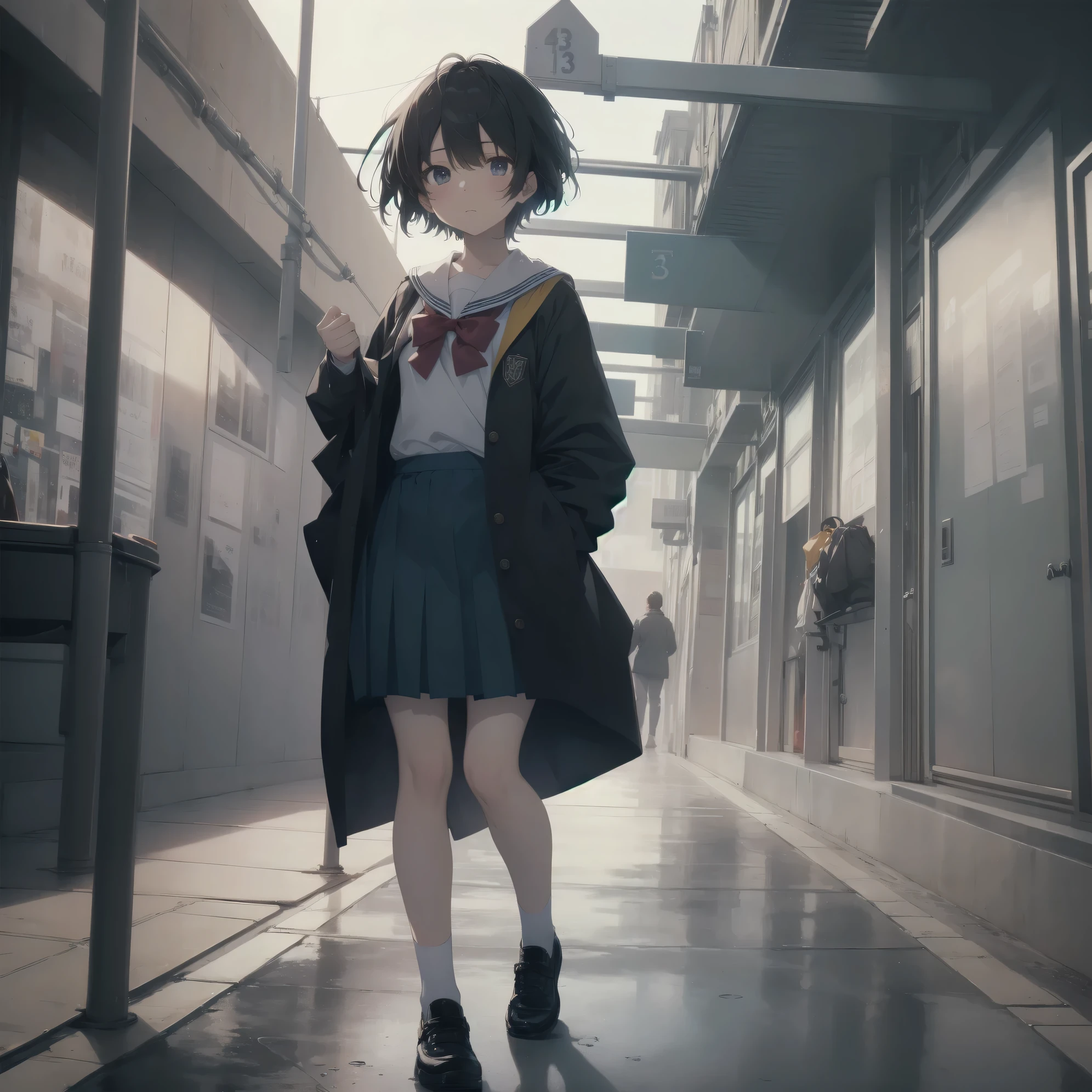 ultra-absurdres-Top quality by artist God, ultra-detailed, high resolution, anime moe artstyle, best anime 8k konachan wallpaper, pixiv contest winner, pool:2810, perfect anatomy,break, 1girl, (Please draw a girl walking sleepily to school alone. )break,(Solo,little female, 13-year-old:1.3),Full limbs, complete fingers,a junior high school student, (very short hair), short cut, flat chest, , small butt, small black eyes, beautiful detailed eyes, well-proportioned iris and pupils, expressive eyes, highres detailed hair, soft expression, salor school_uniform, sailor collar, serahuku, bow, pleated skirt,(Detailed Lighting), (Detailed background), in the School commute route. break,super detailed skin, Best cinematic lighting powered by famous artist, 8k,beauty illustration,photoshop_(medium),very aesthetic,break,((artist:abubu )), artist:clamp ,artist:carnelian ,artist:kantoku ,