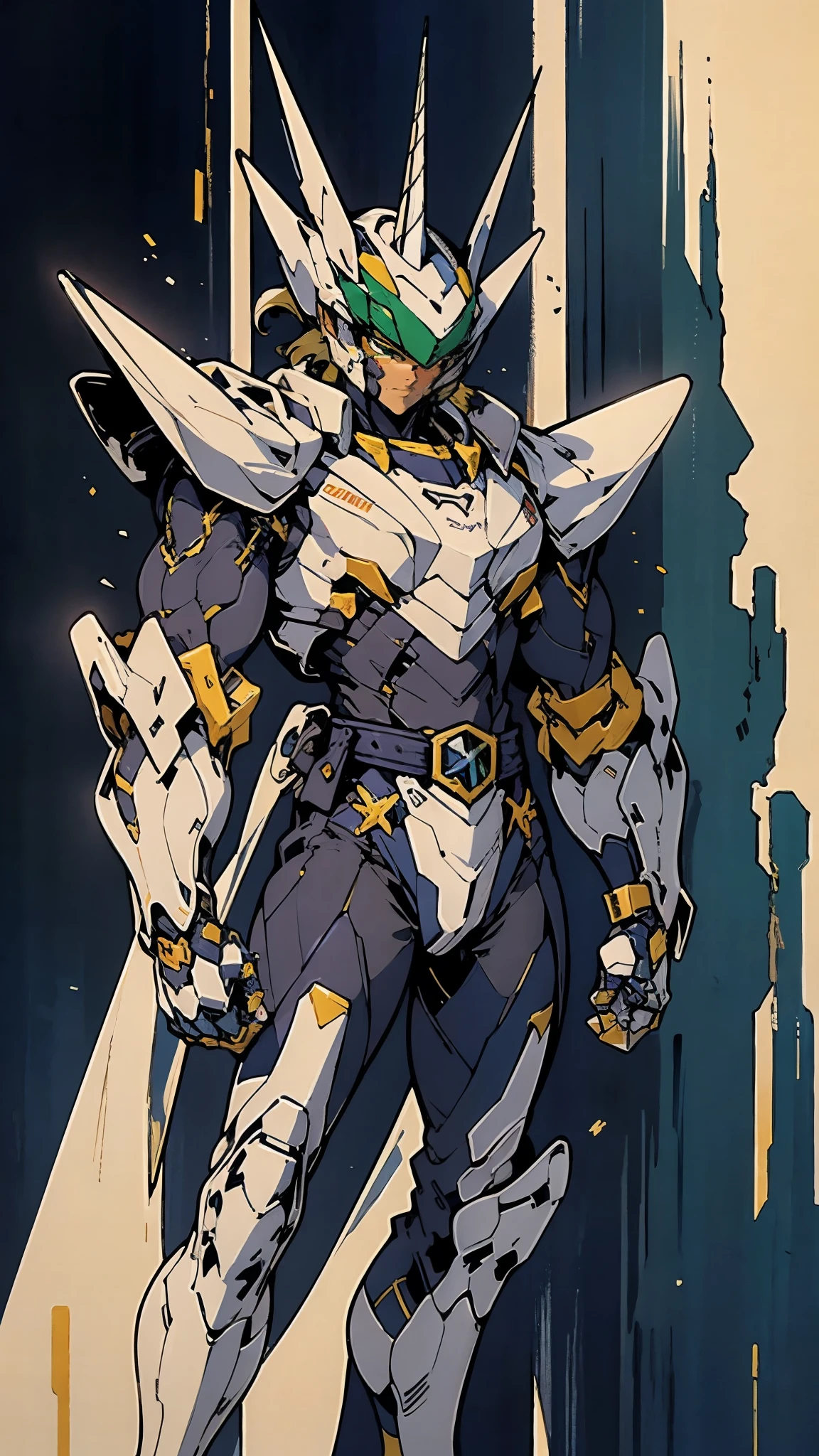 A man wearing a full-face helmet, a fantasy-style biotech armored combat suit, green eyes, (a composite layered chest armor), fully enclosed shoulder guards, matching arm and leg guards, the belt is adorned with Horseshoe-shaped marker, (the color scheme is primarily white with green accents), the design balances heavy with agility, a high-tech bio-mecha armor, (Armor Concept Inspired by Unicorn, stand on the top of a skyscraper in a futuristic sci-fi city), this character embodies a finely crafted fantasy-surreal style armored hero in anime style, exquisite and mature manga art style, (battle damage, element, plasma, energy, the armor glows), ((male:1.5)), metallic, real texture material, dramatic, high definition, best quality, highres, ultra-detailed, ultra-fine painting, extremely delicate, professional, perfect body proportions, golden ratio, anatomically correct, symmetrical face, extremely detailed eyes and face, high quality eyes, creativity, RAW photo, UHD, 32k, Natural light, cinematic lighting, masterpiece-anatomy-perfect, masterpiece:1.5