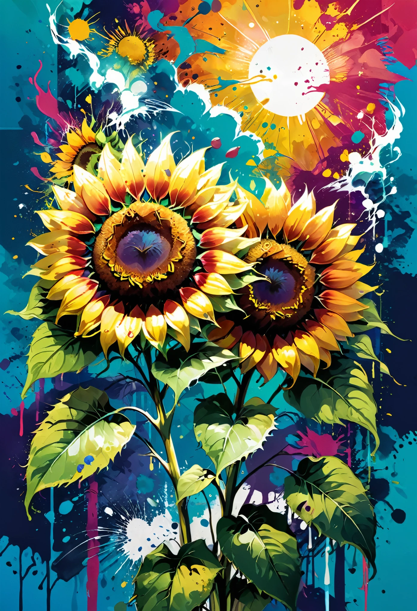 Vector Art, Colorful illustration with sunflowers, In the center, Vibrant colors, Paint splatters and stains, High Detail,Hawaii Background
(masterpiece, best quality, professional, perfect composition, very aesthetic, absurd, Super detailed, Intricate details:1.3)