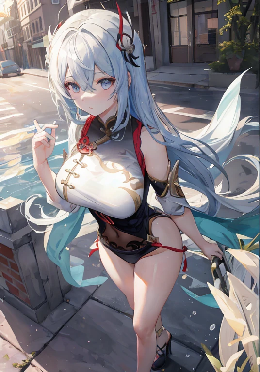 (masterpiece, 最好of品質, Extremely detailed, high resolution), Perfect face, side-light, Smooth and radiant skin, permanent,Large Breasts,Cleavage exposed,秀出你of腰
(bloom), (shine), light, Ray Tracing, Science Fiction, City, street, 戶外of, depth_of_site,
shenhe \(Genshin Impact\), 銀色of眼睛 , hair on one eye, (Hair accessories) , Chest Curtain, High heel, long hair, whirlwind of water