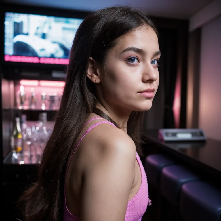 photo of a 6 years old, in Purple Pink, futuristic cotton and linen, (freckles:0.8) cute face, sci-fi, dystopian, detailed eyes, cobalt blue eyes((Side view))Disco bar