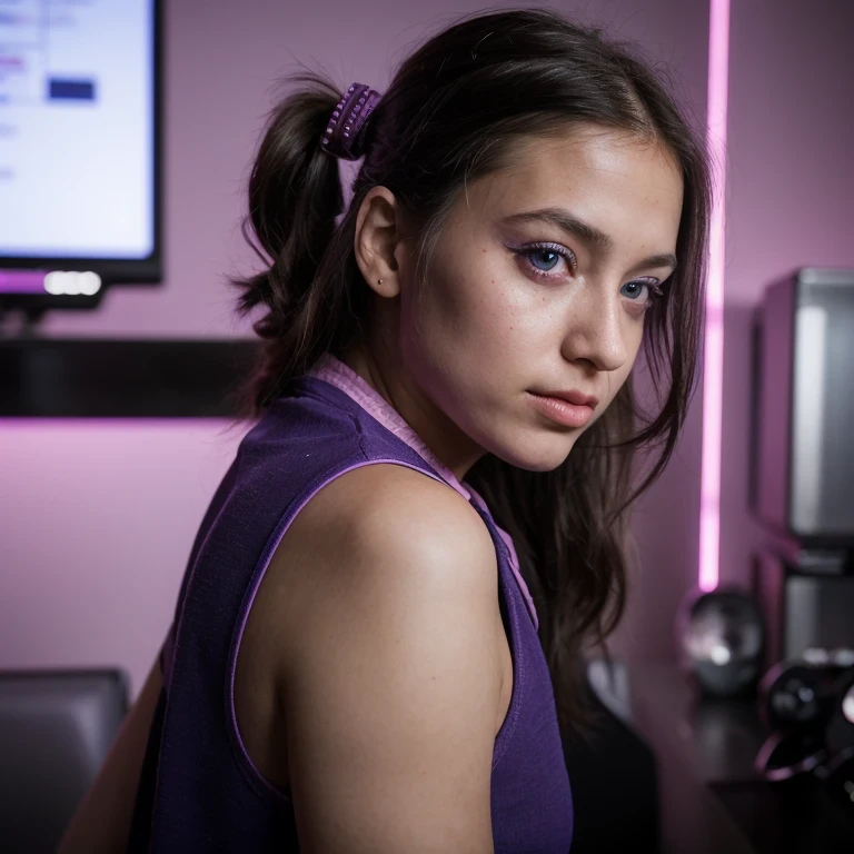 photo of a schoolgirl，8 years old, in Purple Pink, futuristic cotton and linen, (freckles:0.8) cute face, sci-fi, dystopian, detailed eyes, cobalt blue eyes（（Side view））Disco bar