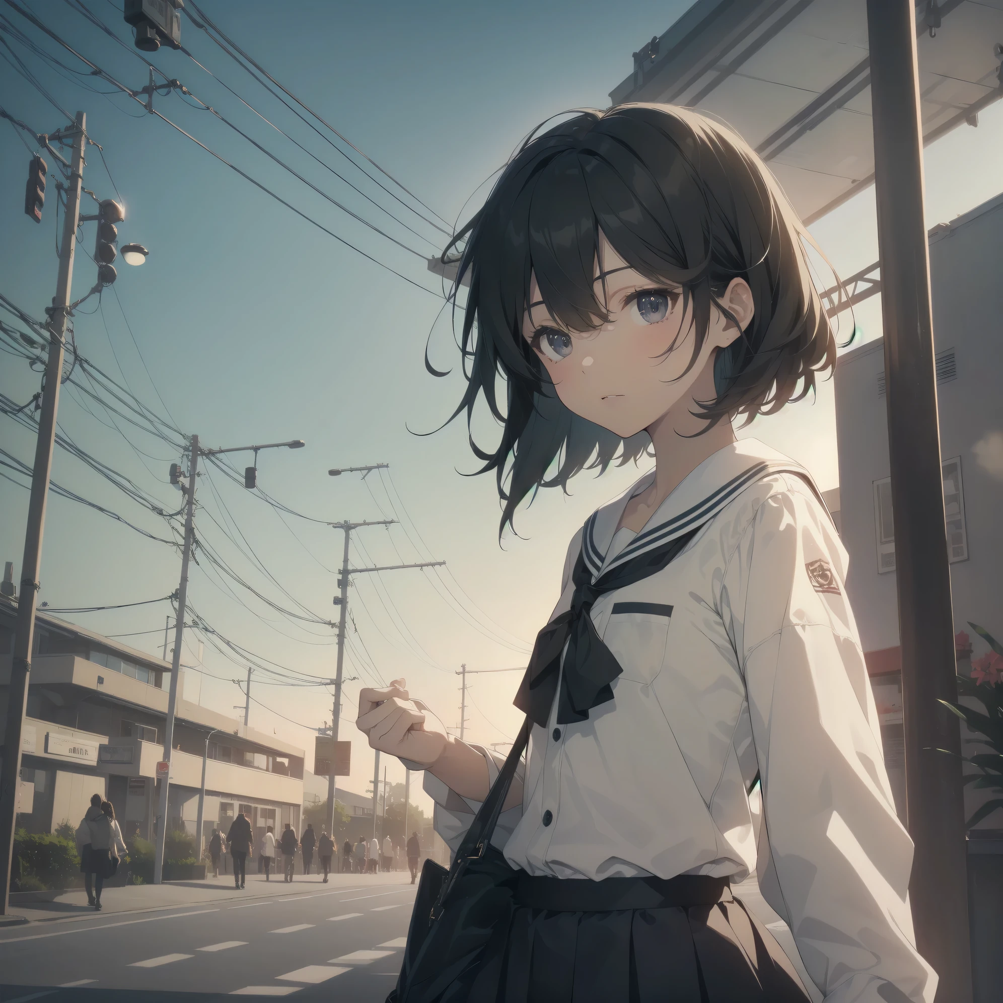 ultra-absurdres-Top quality by artist God, ultra-detailed, high resolution, anime moe artstyle, best anime 8k konachan wallpaper, pixiv contest winner, pool:2810, perfect anatomy,break, 1girl, (Please draw a girl walking sleepily to school alone. )break,(Solo,little female, 13-year-old:1.3),Full limbs, complete fingers,a junior high school student, (very short hair), short cut, flat chest, , small butt, small black eyes, beautiful detailed eyes, well-proportioned iris and pupils, expressive eyes, highres detailed hair, soft expression, salor school_uniform, sailor collar, serahuku, bow, pleated skirt,(Detailed Lighting), (Detailed background), in the School commute route. break,super detailed skin, Best cinematic lighting powered by famous artist, 8k,beauty illustration,photoshop_(medium),very aesthetic,break,((artist:abubu )), artist:clamp ,artist:carnelian ,artist:kantoku ,