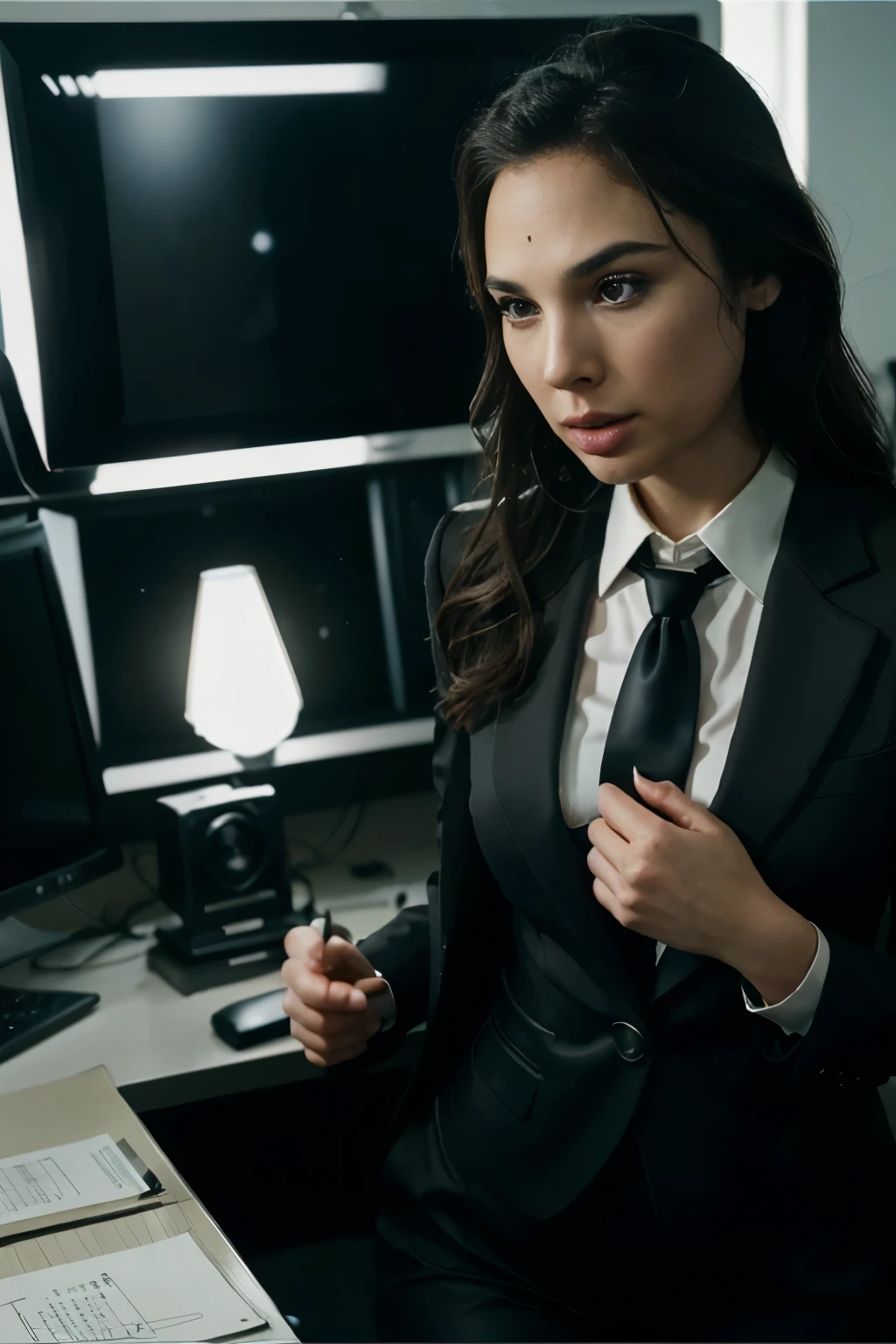 Gal Gadot, dressed as a businesswoman, suit and tie, formal wear, in the office, luminogram, sharp focus, clear, detailed, cinematic, detailed, glamorous, prada, versace, fashion world, fantastic realism, ultra-realistic photo .
