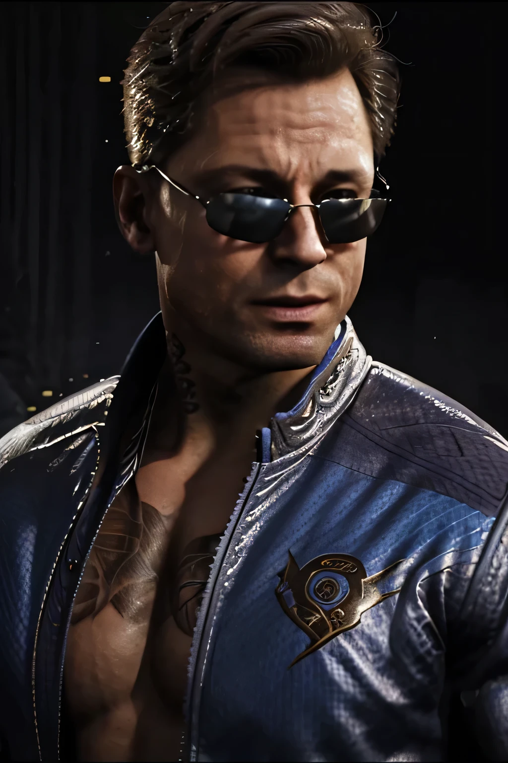 portrait of (sks man), (Johnny Cage), cocky smirk, sunglasses, Mortal Kombat, Character Design, dynamic lighting, cool and bright colors, blue jacket, shirtless, (chest tattoo)