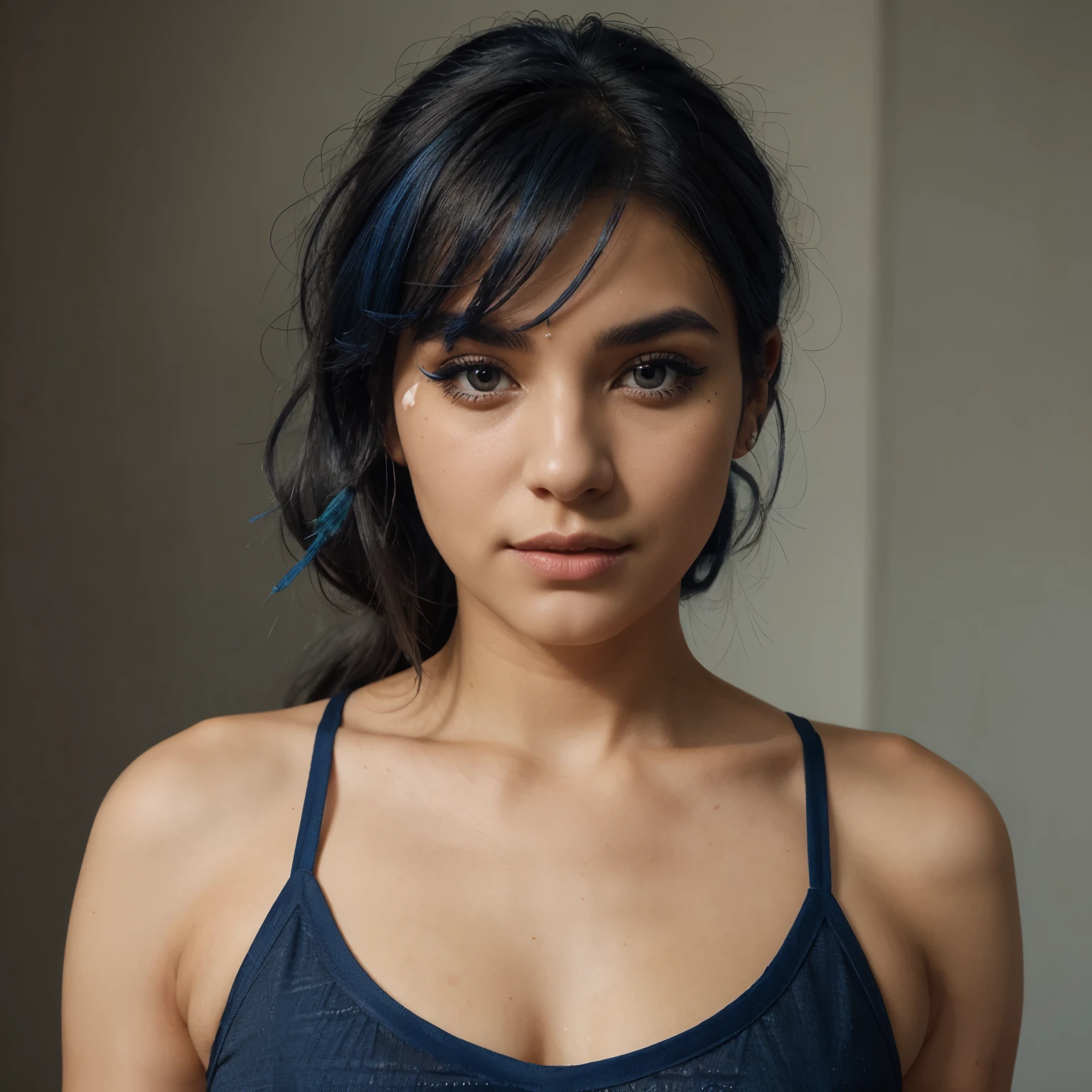 face in blue mascara with black buné gray hair orange camisole