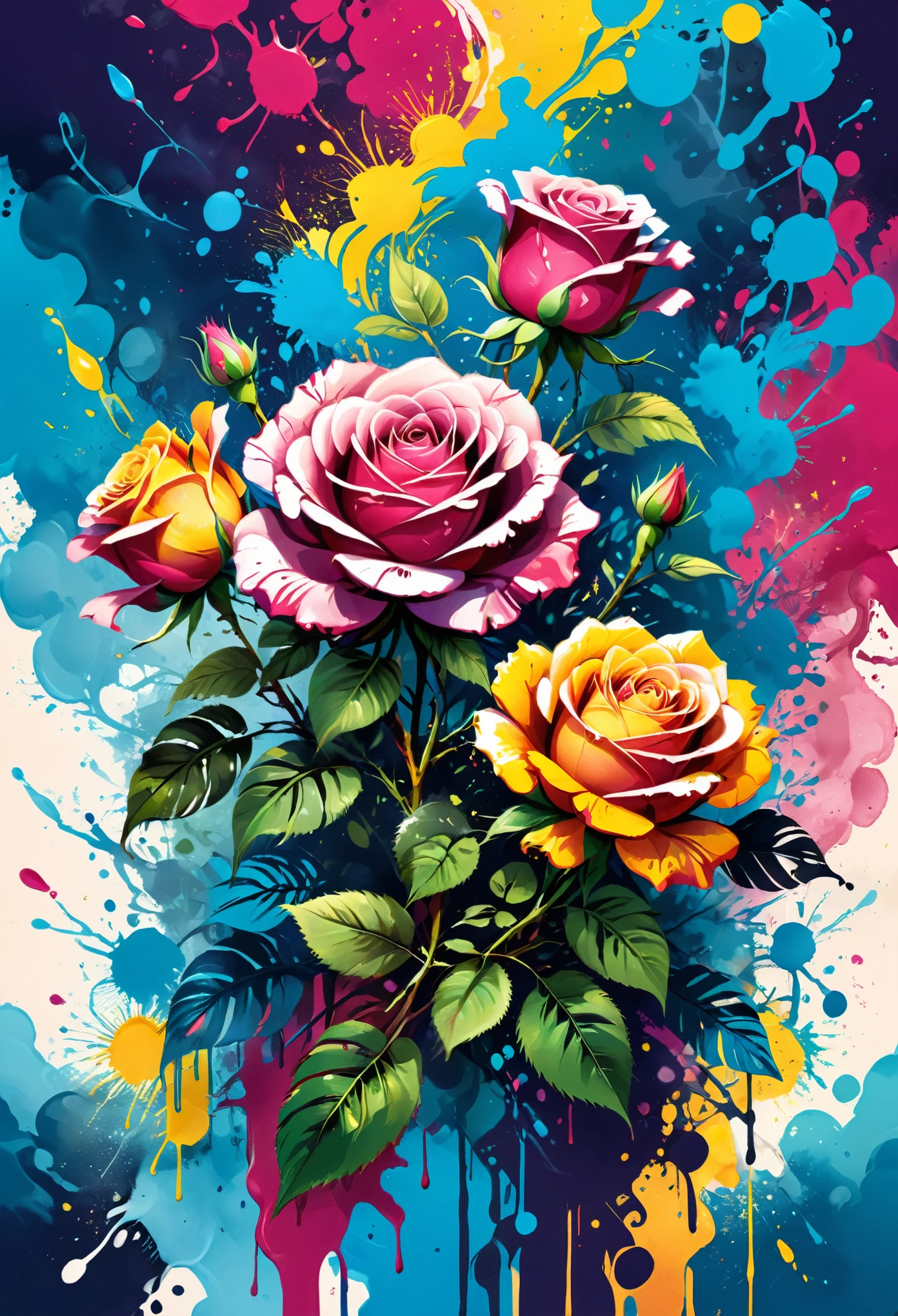 Vector Art, Colorful illustration with roses, In the center, Vibrant colors, Paint splatters and stains, High Detail,Hawaii Background
(masterpiece, best quality, professional, perfect composition, very aesthetic, absurd, Super detailed, Intricate details:1.3)