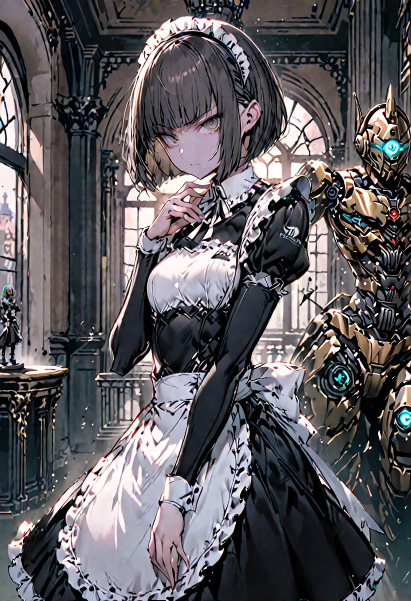 solo, female, sfw, medium shot, lithe, small breasts, bob cut hair, robot maid, elegant, mansion, maid gesture, gentle smile, maid, robot joints, black robot hands, black hair, cybernetic eyes, lamp, warm, red curtain