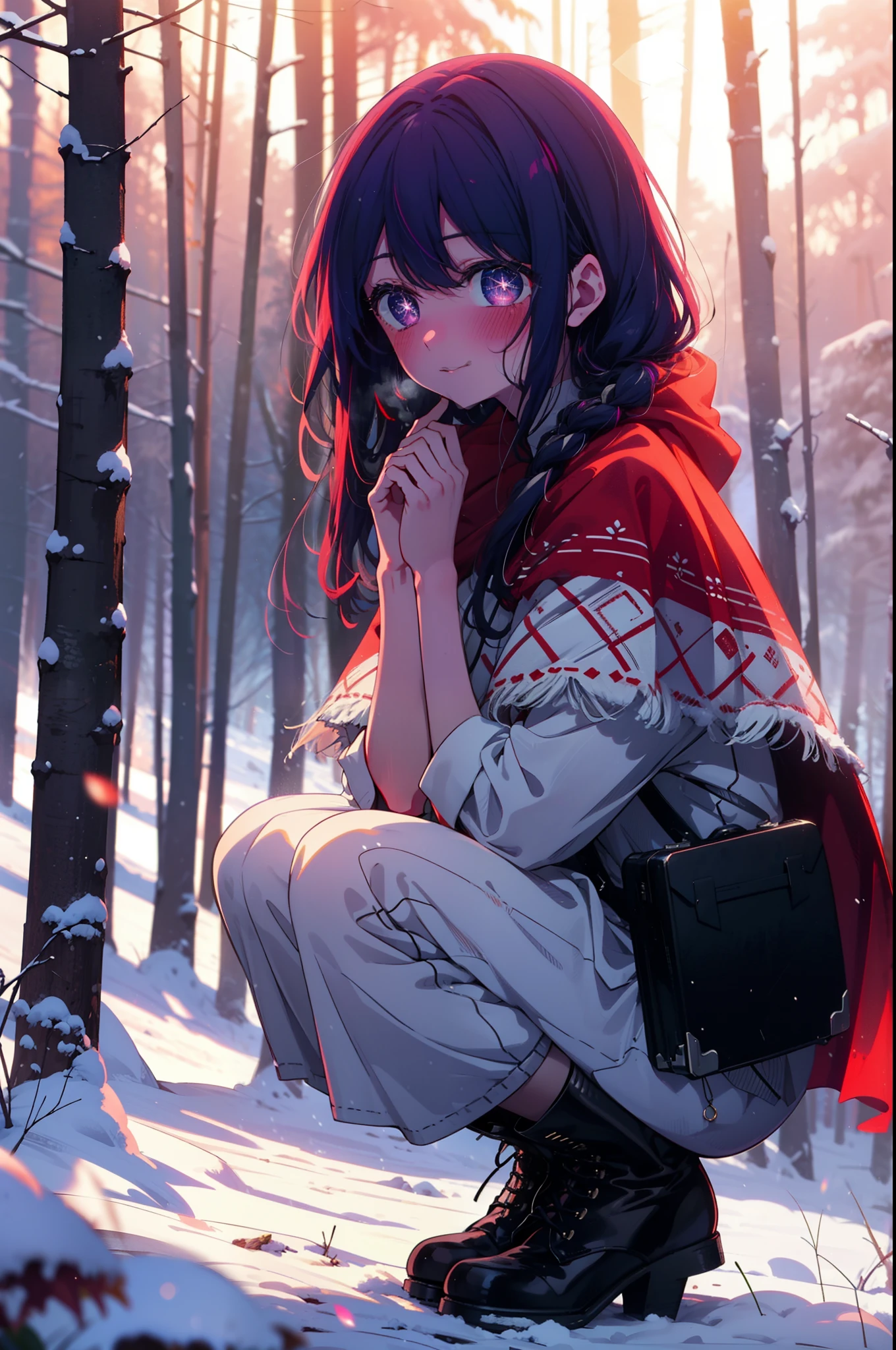 aihoshino, Ai Hoshino, Long Hair, bangs, (Purple eyes:1.1), Purple Hair, (Symbol-shaped pupil:1.5), smile,,smile,blush,White Breath,
Open your mouth,snow,Ground bonfire, Outdoor, boots, snowing, From the side, wood, suitcase, Cape, Blurred, , forest, White handbag, nature, Squat, Mouth closed, Cape, winter, Written boundary depth, Black shoes, red Cape break looking at viewer, Upper Body, whole body, break Outdoor, forest, nature, break (masterpiece:1.2), highest quality, High resolution, unity 8k wallpaper, (shape:0.8), (Beautiful and beautiful eyes:1.6), Highly detailed face, Perfect lighting, Highly detailed CG, (Perfect hands, Perfect Anatomy),