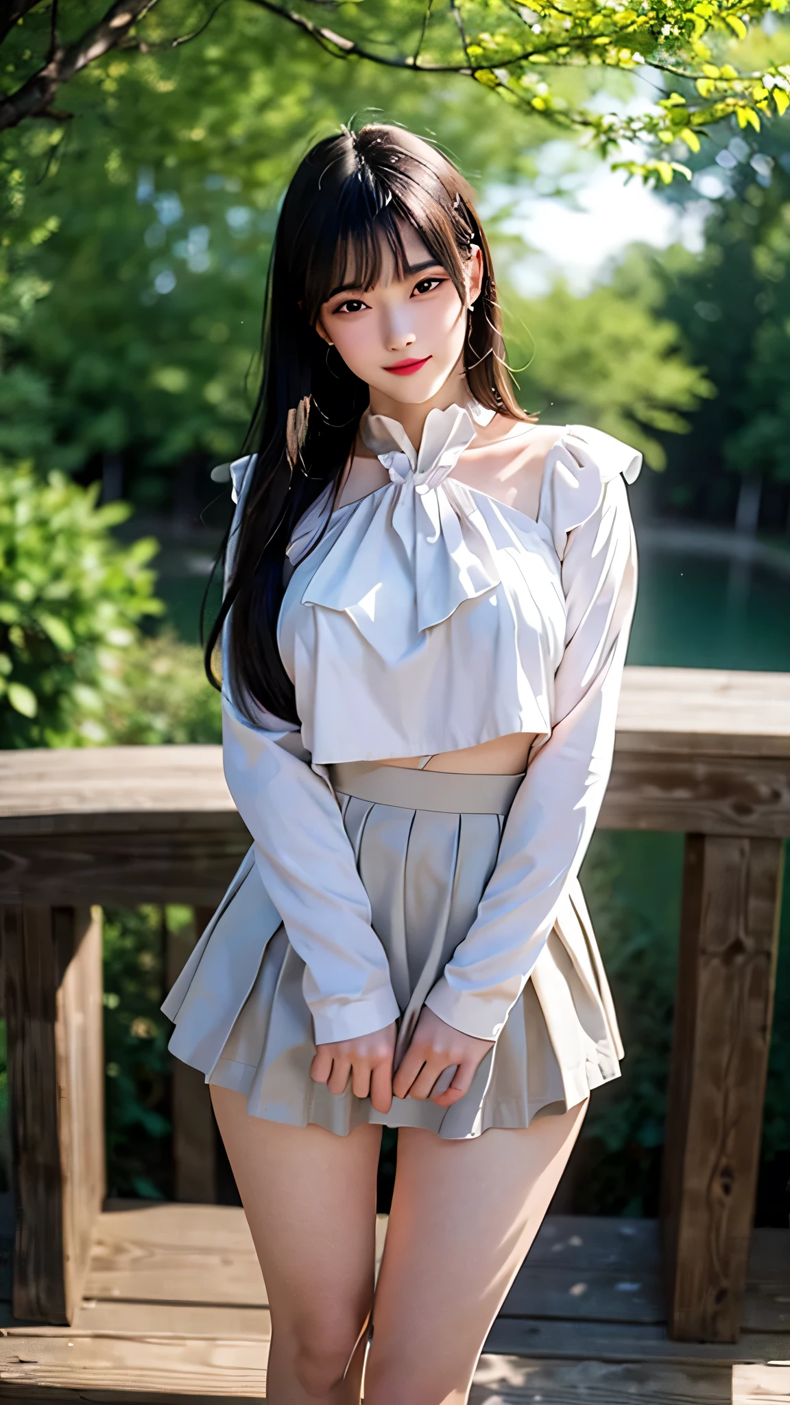 A girl around 20 years old, simple, extremely beautiful and delicate, (light makeup), black hair, sweet smile, delicate and beautiful fair skin, lifelike and realistic, exquisite and complete facial features, detailed facial description, high nose bridge, red lips, Beautiful and gentle girl, soft and smooth hair, extremely fine hair, soft temperament, stunning beauty, peerless beauty, highest picture quality, 8k resolution, goddess, smile, fine facial features, hair over shoulders, brown hair, long Thick legs, (((high-waisted French top))), (((short skirt))), sunshine, facing the camera, well-proportioned and tight figure, gentle eyes, showing thighs, standing posture, standing on the bridge, whole body According to