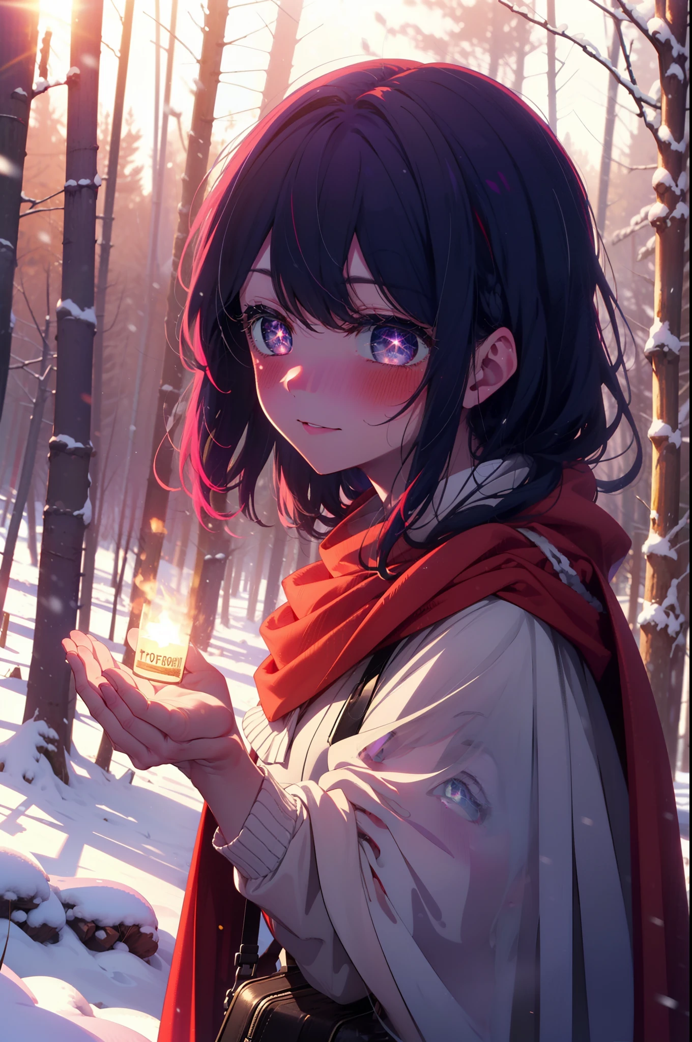 aihoshino, Ai Hoshino, Long Hair, bangs, (Purple eyes:1.1), Purple Hair, (Symbol-shaped pupil:1.5), smile,,smile,blush,White Breath,
Open your mouth,snow,Ground bonfire, Outdoor, boots, snowing, From the side, wood, suitcase, Cape, Blurred, , forest, White handbag, nature,  Squat, Mouth closed, Cape, winter, Written boundary depth, Black shoes, red Cape break looking at viewer, Upper Body, whole body, break Outdoor, forest, nature, break (masterpiece:1.2), highest quality, High resolution, unity 8k wallpaper, (shape:0.8), (Beautiful and beautiful eyes:1.6), Highly detailed face, Perfect lighting, Highly detailed CG, (Perfect hands, Perfect Anatomy),