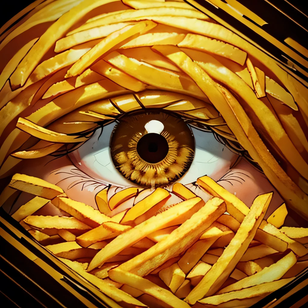 (a french fries about to stab the eye, scary, abstract, distorted reality, Illusion, yellow-brown tone, illustration, 2d
