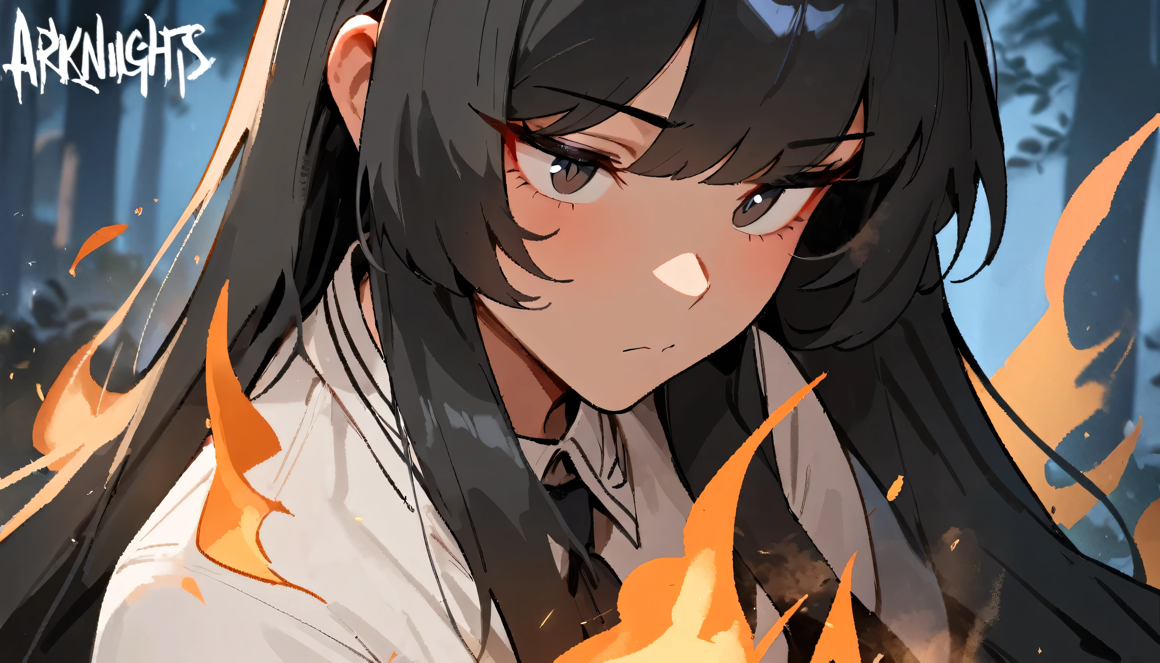 1girl, virtuosa \(arknights\), arknights,masterpiece, best quality, very aesthetic, absurdres
, slim body, ,newest,, long black hair, black eyes, , , fire,,forest,wallpaper,close-up, nyantcha, laserflip, 18 years old girl, khyle, omone hokoma agm
