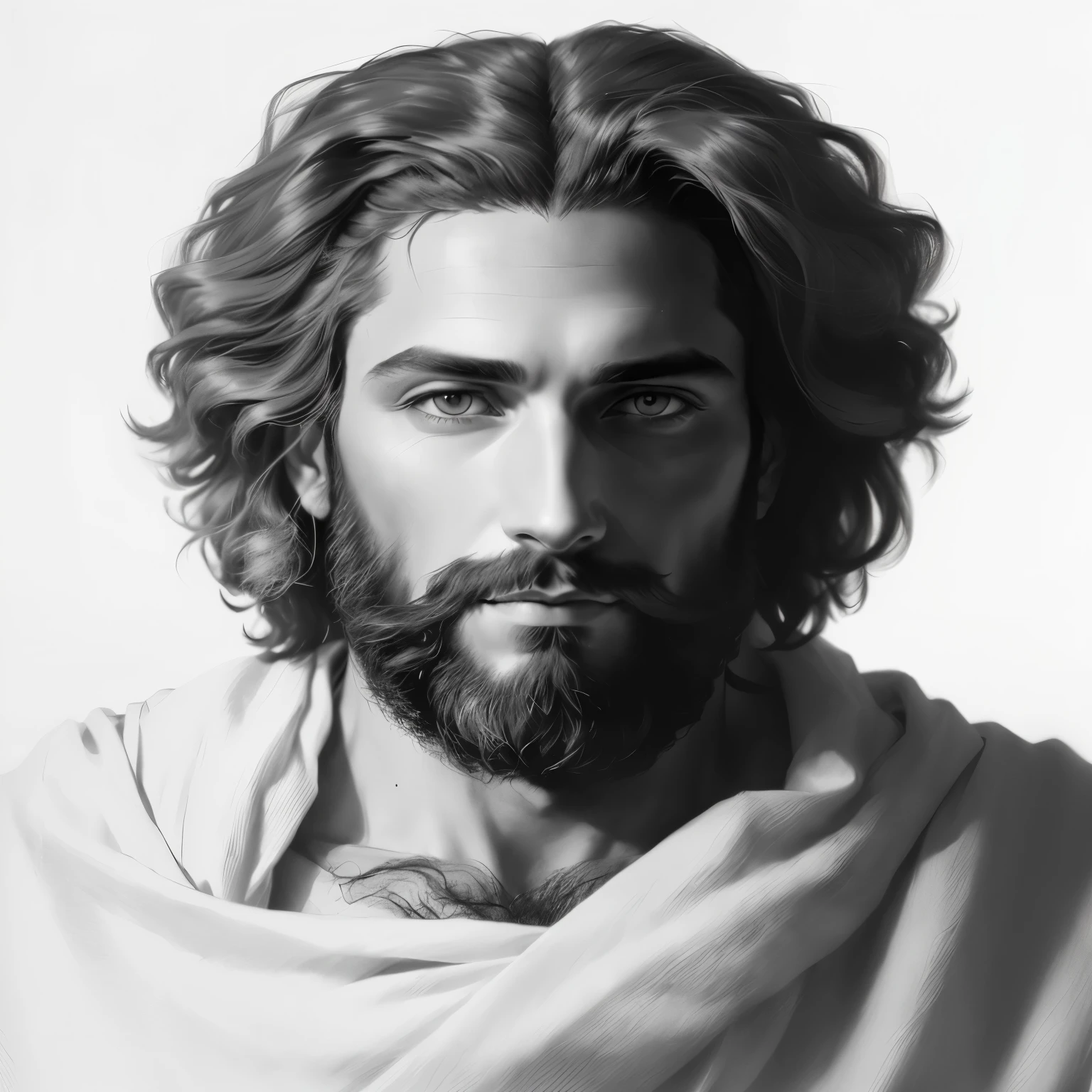 a black and white photo of a man with a beard, portrait of jesus christ, jesus, jesus face, jesus christ, jesus of nazareth, the face of god, drawn with photoshop, digital matt painting, digital pencil painting, inspired by Julius Jakoby, renaissance digital painting, #1 digital painting of all time