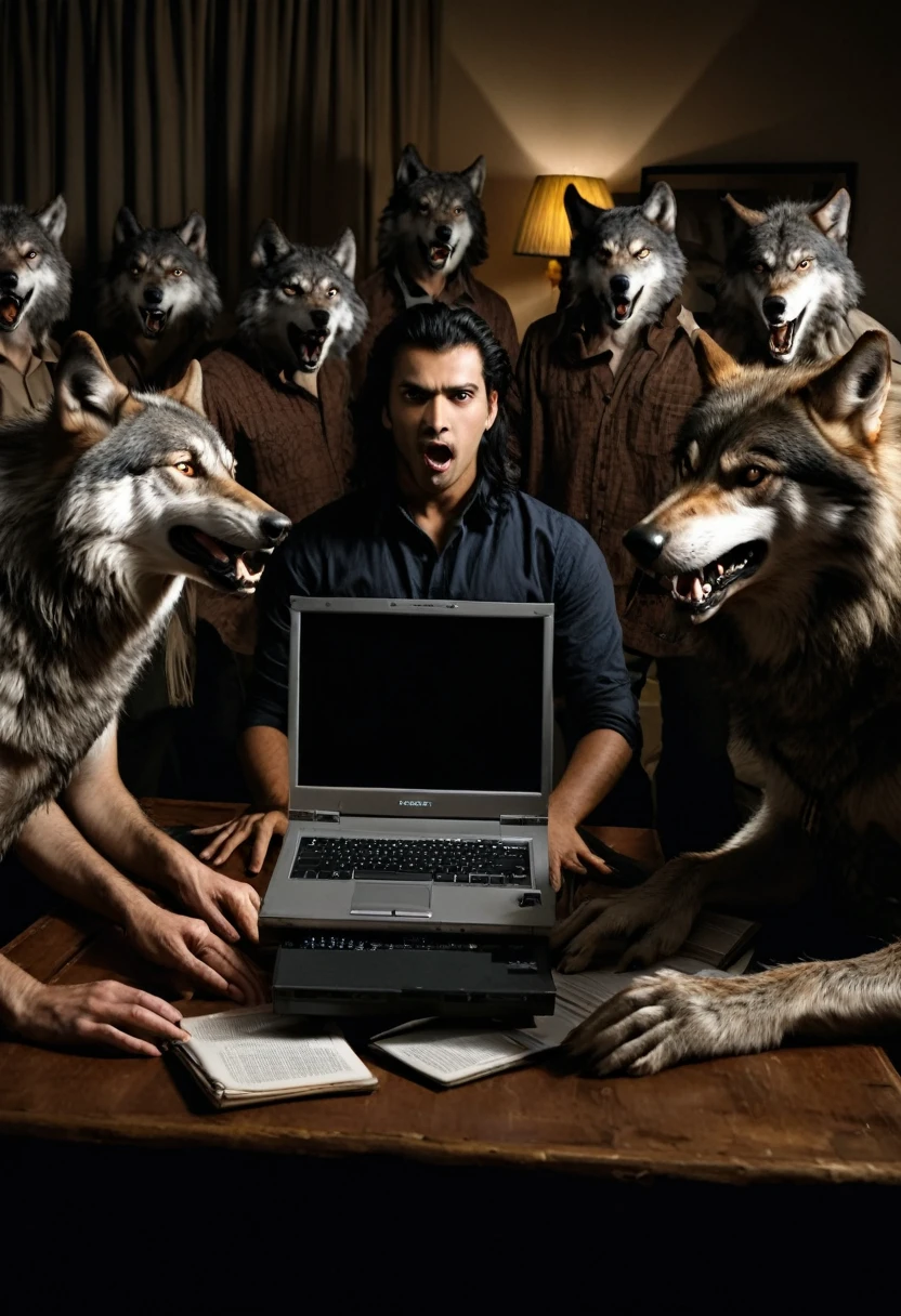 Imagine uma tela de computador exibindo a imagem de uma mulher linda com  roupas intimas. E frente ao computador, a group of men with wolf heads, olhando para esta tela, olhos fixos na tela, showing expressions of intense interest. The lighting is low, creating a dramatic contrast between the light on the screen and the shadows around the werewolves, highlighting the predatory atmosphere. 