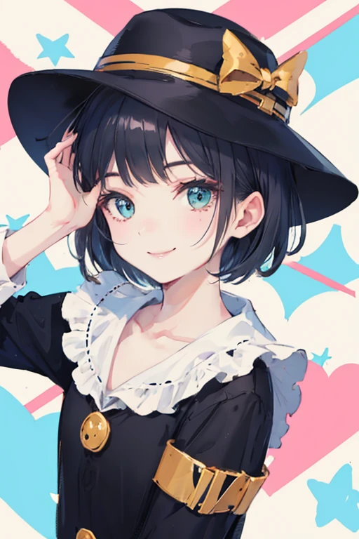 ((good quality)), Perfect face,cute,short hair,,Cartoon,Smile,Wear a hat