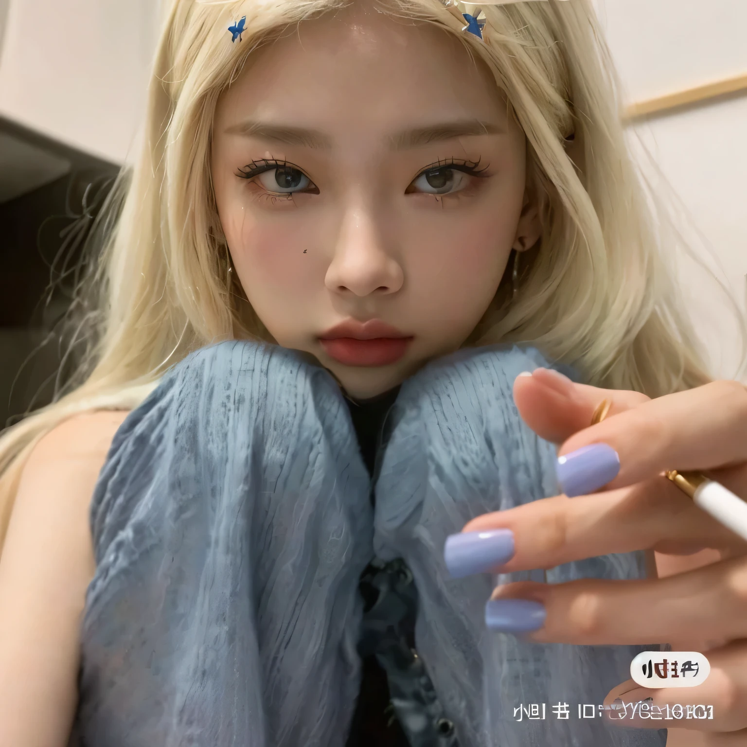 Blonde girl with blue nails and a cigarette in her hand., parque roseanne de blackpink, kim doyoung, portrait of Jennie de blackpink, ulzzang, Lalisa Manobal, Jennie de blackpink, jaeyeon nam, imagen filtrada, sun yunjoo, 8K selfie photograph, [ foto realista ]!!, jennie rosa negro, jinyoung shin, 8K))