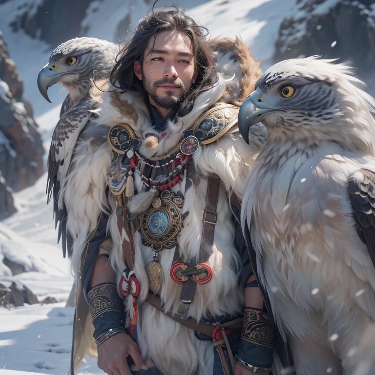 Hiding in the snowy mountains、Hair flow、 ((highest quality、masterpiece、8k、Best image quality、Ultra-high resolution、Award-winning works)、(Accurate anatomy:1.1)、(Look at me and smile:1.1)、Shining fair skin with Ultra-high resolution、The most detailed face、Ultra-high resolution detailed face、Ultra-high resolutionの髪の毛、(Ultra-high resolutionの煌めく瞳:1.1)、Beautiful face drawn in every detail、(Blurred Background:1.1)、Ancient Inuit clothing, Chest to chest, tattoo, Old ruins in the background、He has a giant, real falcon on his shoulder..