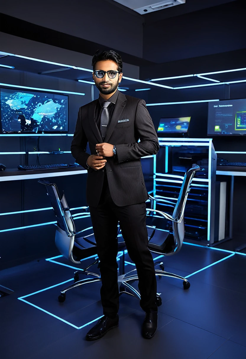 (highres,masterpiece:1.2),ultra-detailed,(realistic,photorealistic,photo-realistic:1.37)a young pakistani boy age 30 years ,IT professional,sophisticated technology,modern high tech room,professional attire,stylish glasses,confident expression,advanced computer system,innovative equipment,computational power,streamlined design,ergonomic workspace,holographic displays,neon lighting,tech gadgets,futuristic atmosphere,high-speed internet connection,wireless connectivity,data center,servers humming,fiber optic network,biometric security system,strict access control,fast data processing,efficient multitasking,24/7 IT support,minimalist interior design,vivid and saturated colors,sleek and polished surfaces,glowing lines,reliable hardware and software,efficient cooling system,silent operation,real-time monitoring,innovative data storage solutions,ergonomic office chair,high-resolution and sharp displays,impressive functionality,seamless collaboration,cozy break area,well-organized cable management,smart automation,energy-efficient technology,constant innovation and updates.