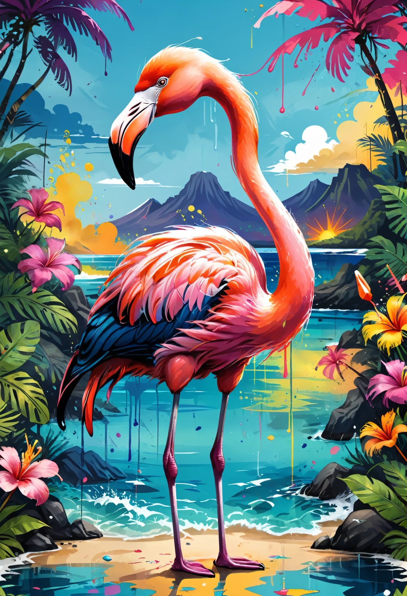 Vector Art, Colorful illustration with flamingo, In the center, Vibrant colors, Paint splatters and stains, High Detail,Hawaii Background
(masterpiece, best quality, professional, perfect composition, very aesthetic, absurd, Super detailed, Intricate details:1.3)