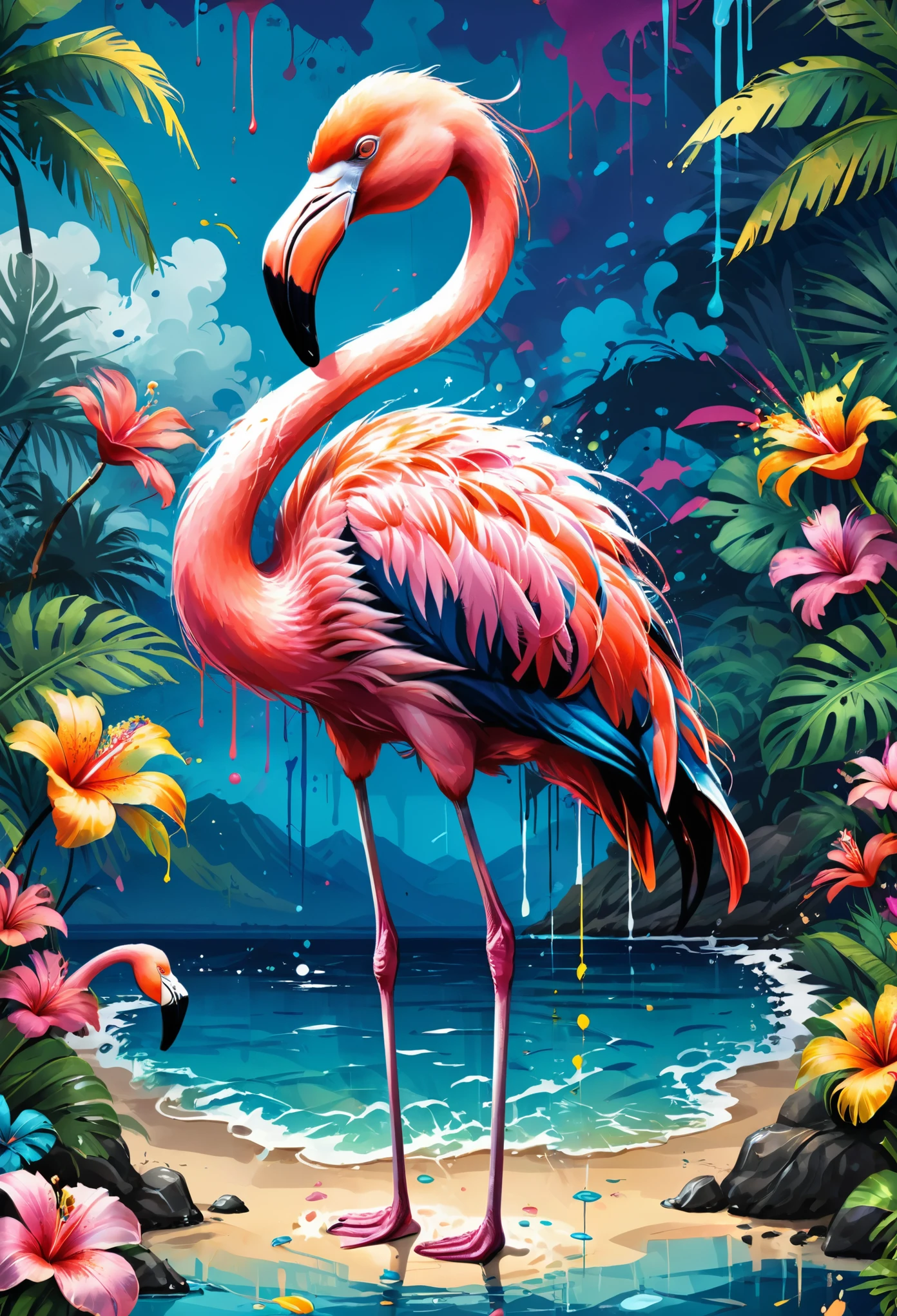 Vector Art, Colorful illustration with flamingo, In the center, Vibrant colors, Paint splatters and stains, High Detail,Hawaii Background
(masterpiece, best quality, professional, perfect composition, very aesthetic, absurd, Super detailed, Intricate details:1.3)