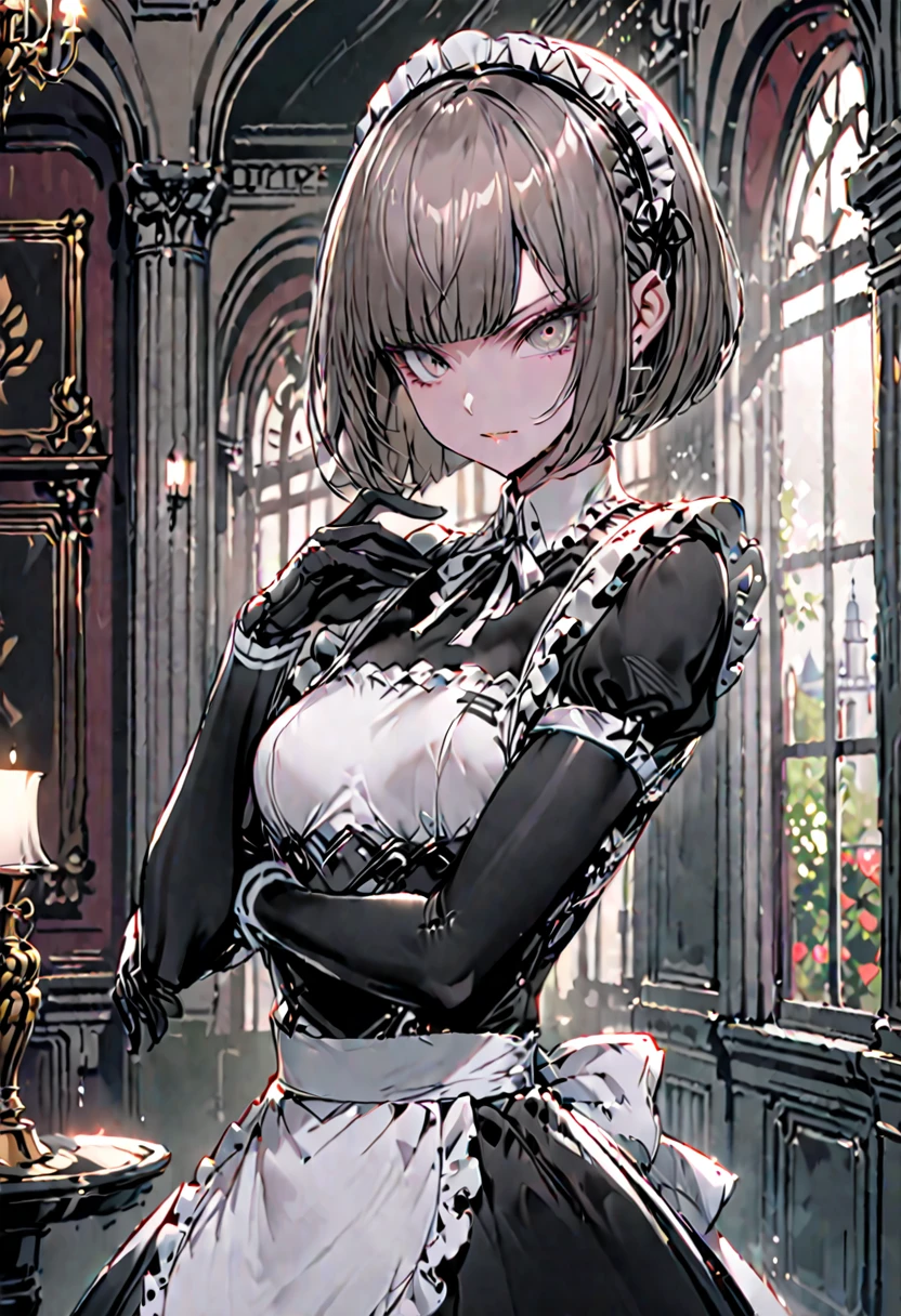 solo, female, sfw, medium shot, lithe, small breasts, bob cut hair, robot maid, elegant, mansion, maid gesture, serious, gentle smile, maid