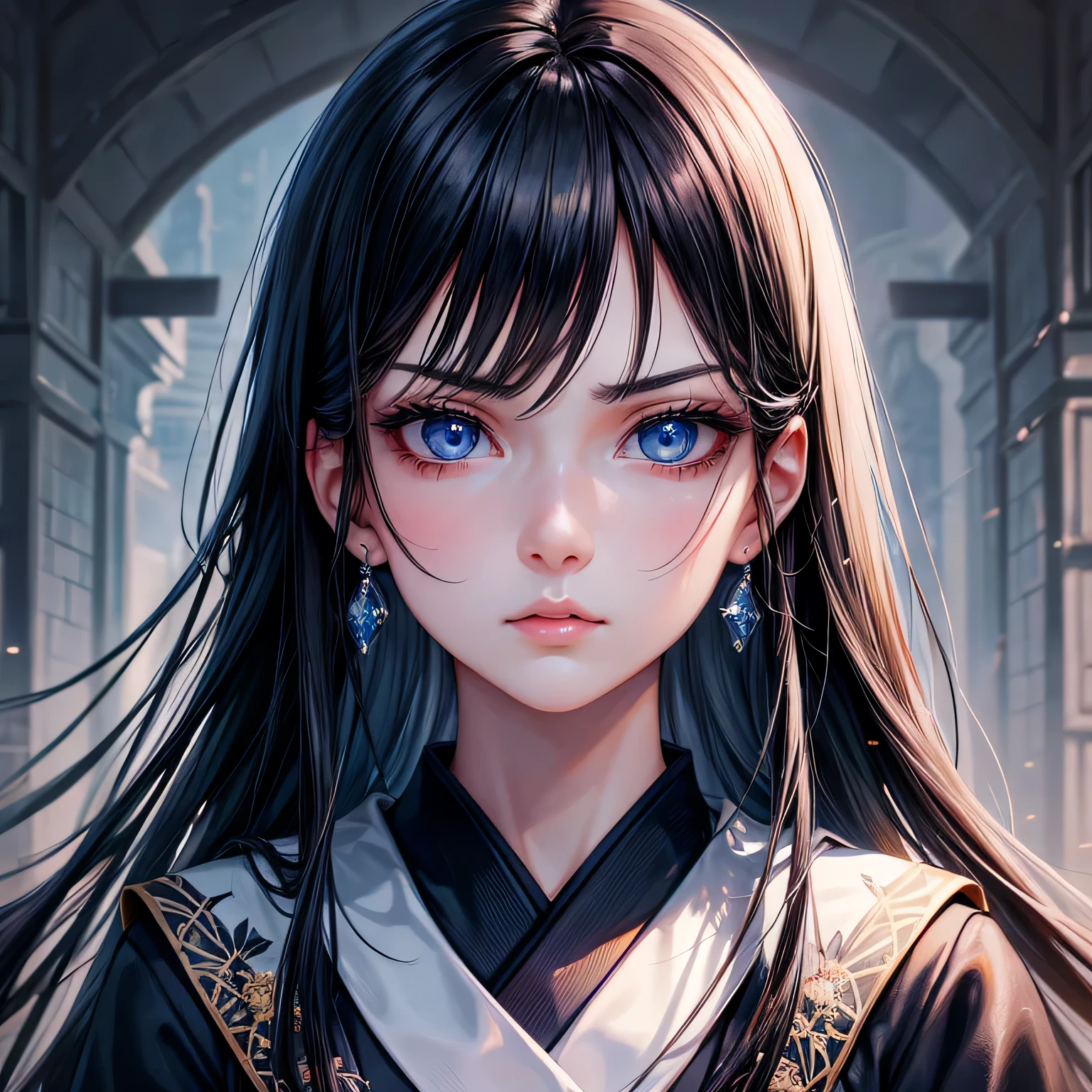 beautiful detailed eyes, beautiful detailed lips, extremely detailed face, long black loose hair, stunningly gorgeous girl, icy beauty, school japanese uniform, cold expression, blue eyes, fair skin, front image, serious gaze, distant image