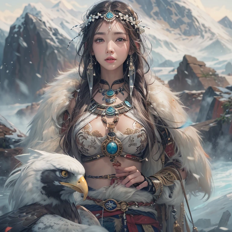 Hiding in the snowy mountains、Hair flow、 ((highest quality、masterpiece、8k、Best image quality、Ultra-high resolution、Award-winning works)、(Accurate anatomy:1.1)、(Look at me and smile:1.1)、Shining fair skin with Ultra-high resolution、The most detailed face、Ultra-high resolution detailed face、Ultra-high resolutionの髪の毛、(Ultra-high resolutionの煌めく瞳:1.1)、Beautiful face drawn in every detail、(Blurred Background:1.1)、Ancient Inuit clothing, Chest to chest, tattoo, Old ruins in the background、Apart from the real giant eagle