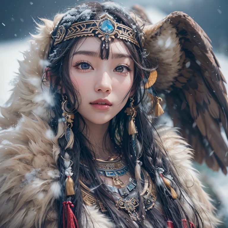 Hiding in the snowy mountains、Hair flow、 ((highest quality、masterpiece、8k、Best image quality、Ultra-high resolution、Award-winning works)、(Accurate anatomy:1.1)、(Look at me and smile:1.hining fair skin with Ultra-high resolution、The most detailed face、Ultra-high resolution detailed face、Ultra-high resolutionの髪の毛、(Ultra-high resolutionの煌めく瞳:1.1)、Beautiful face drawn in every detail、(Blurred Background:1.1)、Ancient Inuit clothing, Chest to chest, tattoo, Old ruins in the background、Apart from the real giant eagle