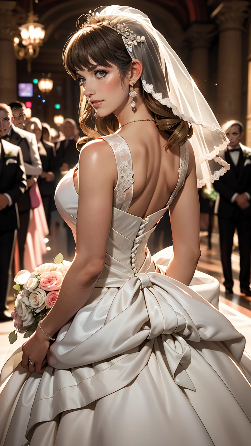 (highest quality, High resolution, masterpiece:1.2,), figure, night, One girl, whole body, (Wedding dress), Put your arms behind your back, Wait for a kiss, View Viewer, Happy, blush,