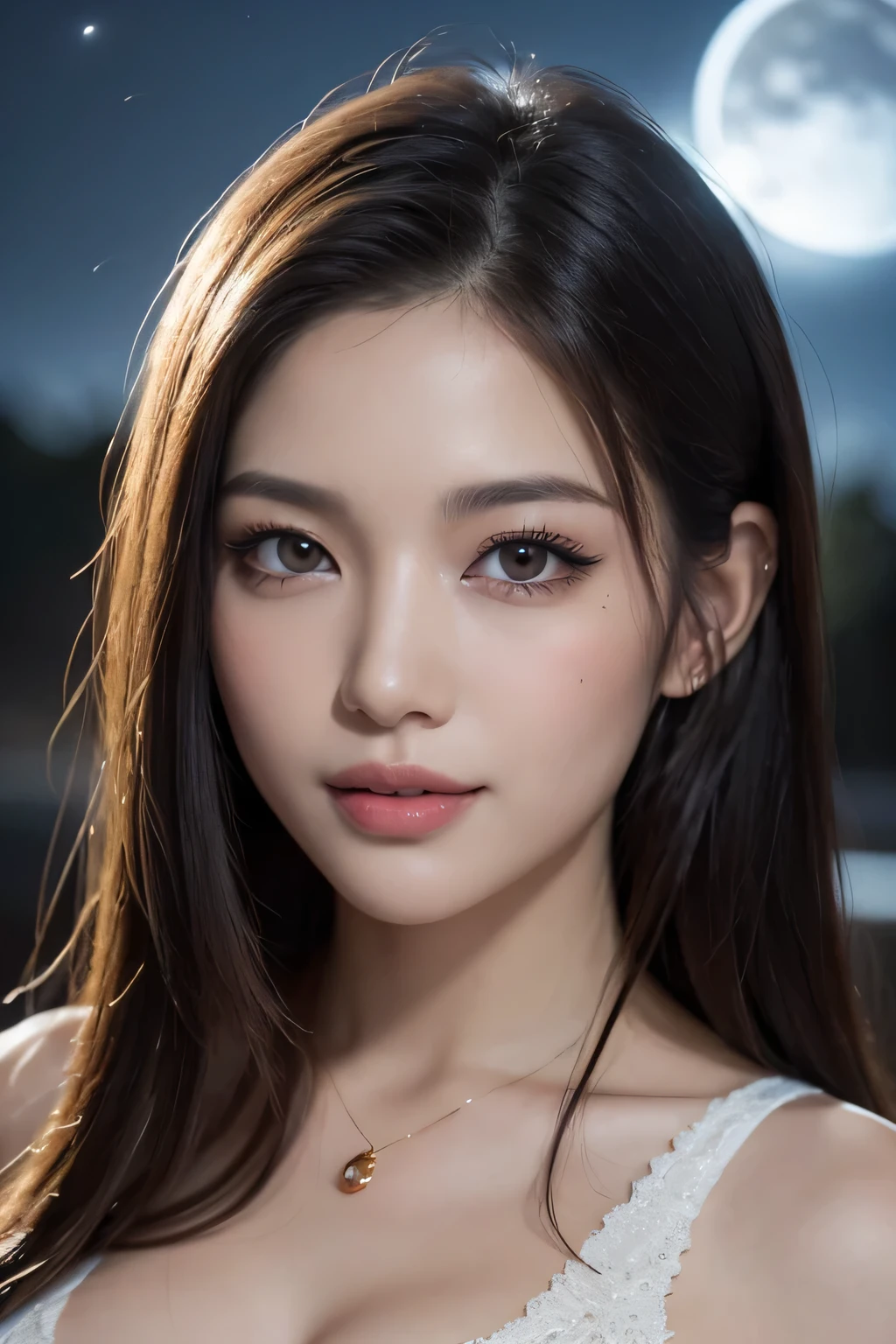 Body portrait, 8K, thin and beautiful eyes, Dindal effect, masterpiece, top quality, high quality, high resolution, very detailed photo, (natural skin texture, fine skin, hyper realism, super sharpness), high detail skin, (very fine, fine skin texture, intricate details, beautiful face, (realistic face), realistic eyes, beautifully detailed eyes, realistic skin, beautiful skin, surreal, very detailed Golden ratio, smiling eyes, ((night moonlight background) )), body portrait, G cup, big breasts, huge breasts, big breasts, glamorous, sexy knit dress,
