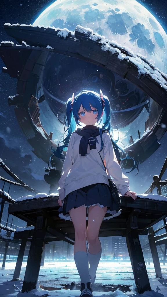 (masterpiece、highest quality)、1 girl ,Grim expression、hatsunemiku,Warm lighting、 Blurred foreground、night、High Contrast、Twin tails,blue gem eyes,Blue Hair,night,snowing,Heavy snowfall,winter,Alone in the vast snowy field,whole body,curse,Looking at me,Huge construction,moon,whole body,shine,bright,Sad expression,whole body,sad face,legs,Huge structures,universe,planet