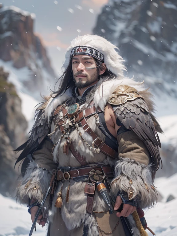 Hiding in the snowy mountains、Hair flow、 ((highest quality、masterpiece、8k、Best image quality、Ultra-high resolution、Award-winning works)、(Accurate anatomy:1.1)、(Look at me and smile:1.1)、Shining fair skin with Ultra-high resolution、The most detailed face、Ultra-high resolution detailed face、Ultra-high resolutionの髪の毛、(Ultra-high resolutionの煌めく瞳:1.1)、Beautiful face drawn in every detail、(Blurred Background:1.1)、Ancient Inuit clothing, Chest to chest, tattoo, Old ruins in the background、He is huge, A real hawk on his shoulder..