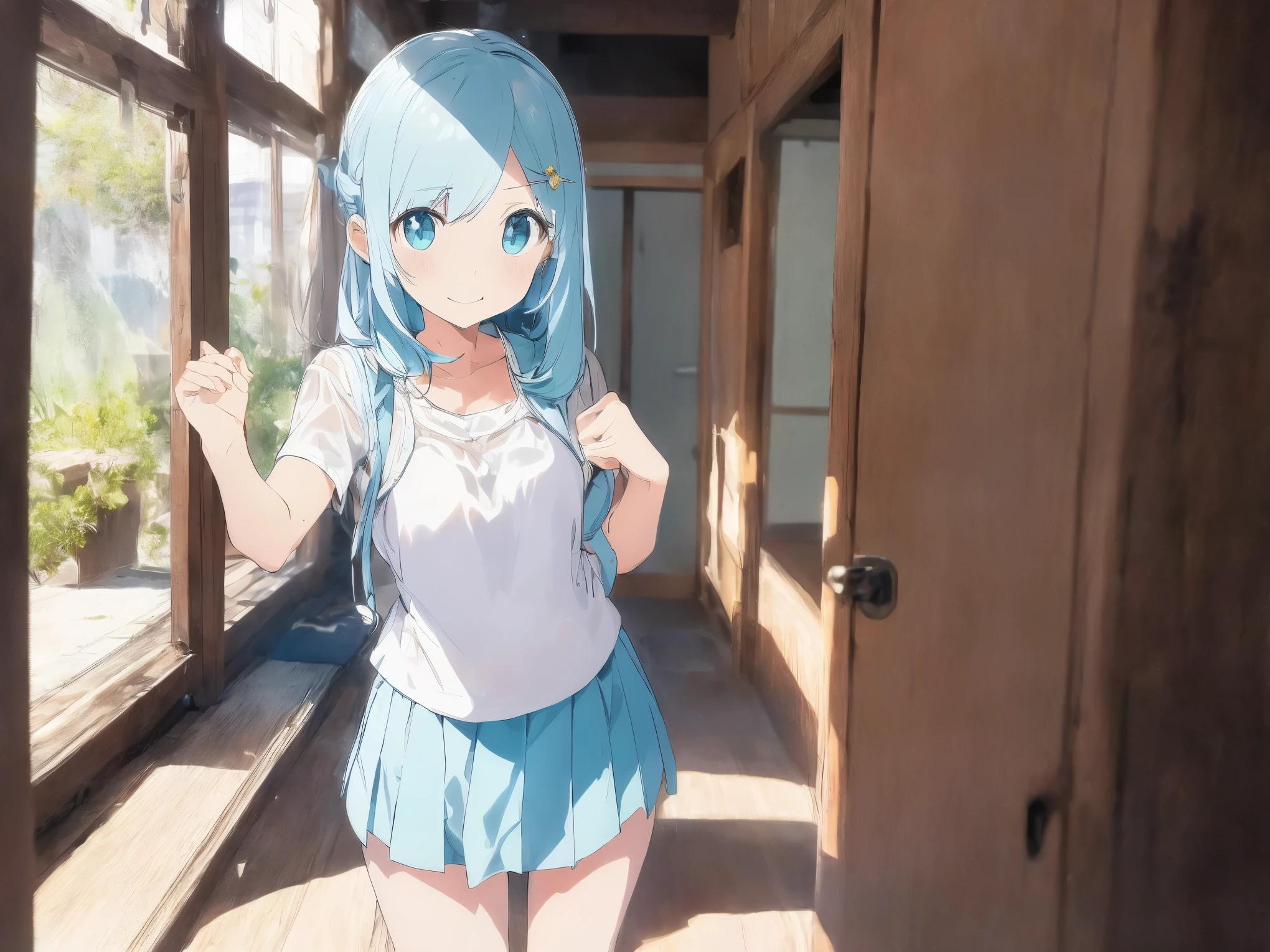 A cute white shirt that shows off her 、Light blue frilly flared skirt、She lifts her skirt with both hands to show off her cute white underwear、A Japanese-style room with a view of the fresh green garden