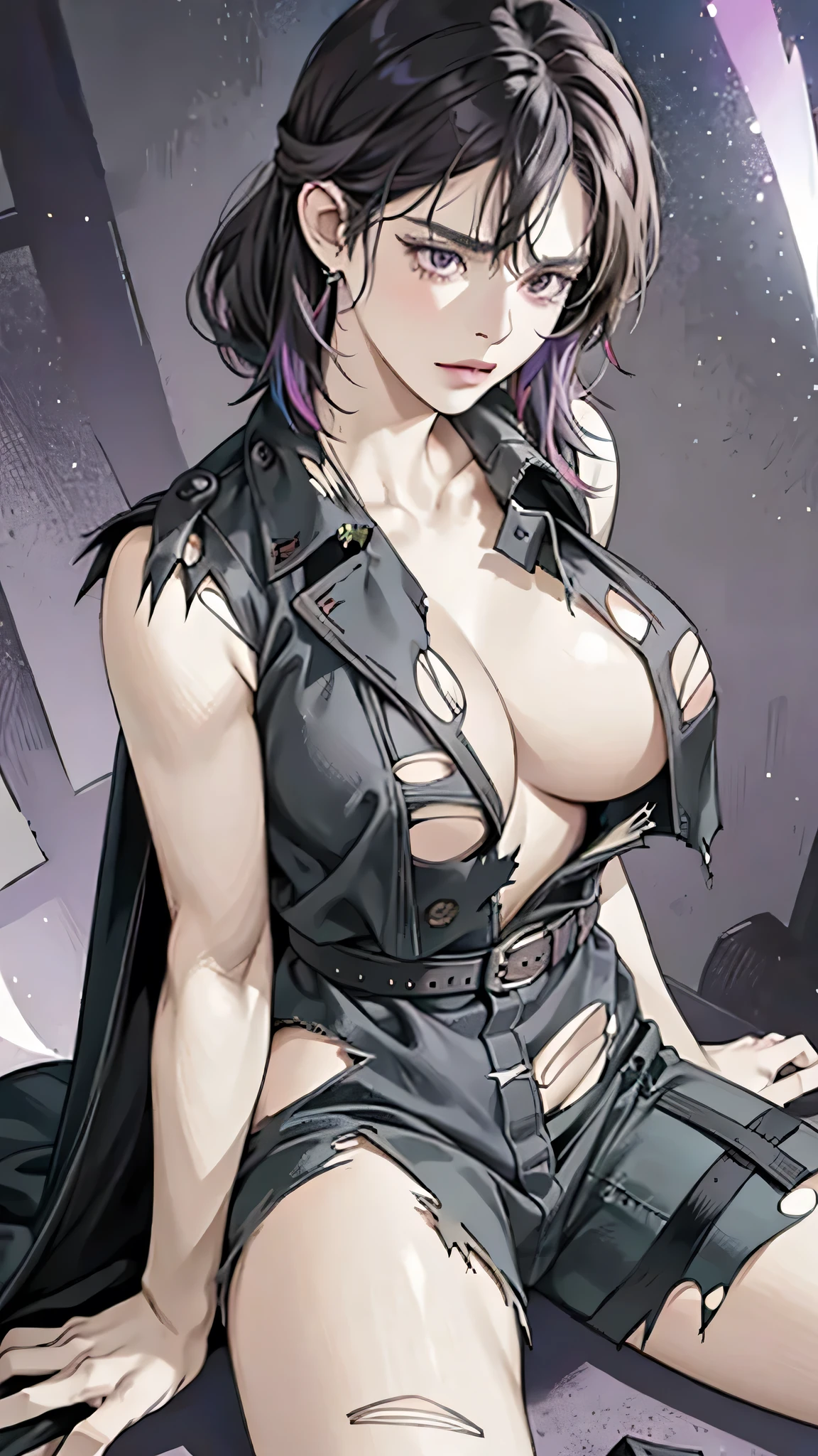 Realistic, High resolution, Soft Light,1 female, alone, Hip Up, (Detailed face), we \(one piece\), tattoo, jewelry,kochou shinobu,Multicolored Hair,No bangs,Hair intake,Purple eyes,amount,Black Shirt,Black trousers,Haori,butterfly,button,belt, knife, ((Torn clothing:1.5)), ((Voluptuous body)), ((Expression of pain)), ((Tied to the cross)), ((Spread your legs)),