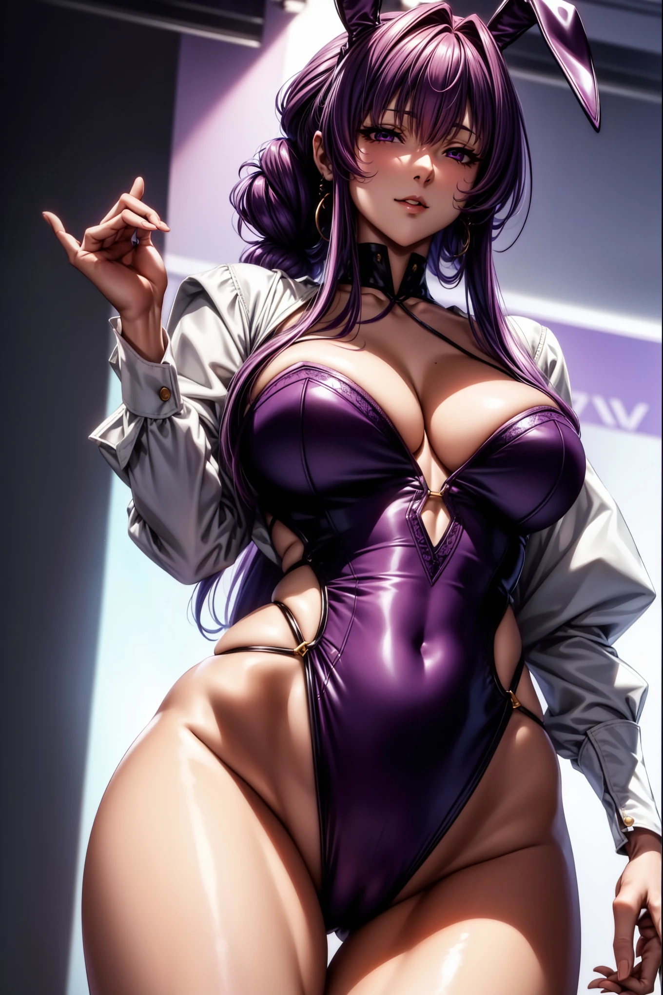 top-quality、tmasterpiece、Very high resolution、super high image quality、High-quality pixels)、perfect eyes, perfect face, perfect body figure,solo,8K, large breast,(Detailed description of hair), (Detailed description of face),(Detailed description of body), fair and clear skin, matchless beauty, long legged, purple long hair details expressed, detailed eyes, purple eye, detailed purple hair, proper finger, slightly transparent violet bunny girl costume, bunny ears, bunny tail, single pony tail, cowboy shot, ssmile