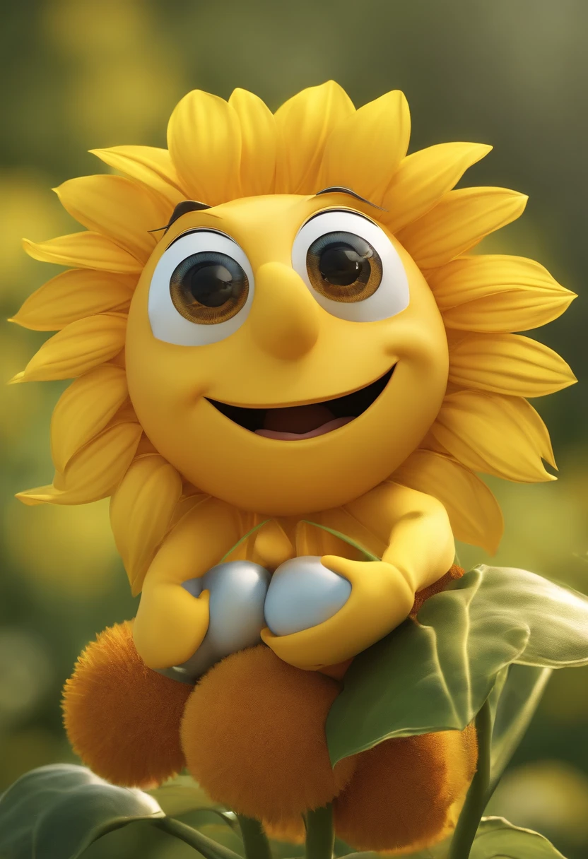 A sunflower mascot for sunflower school Inspired by Pixar Animation, de perto. The character is the center of attention with captivating facial expressions, oferecendo um toque de irrealidade, com o rosto de girassol gradiente